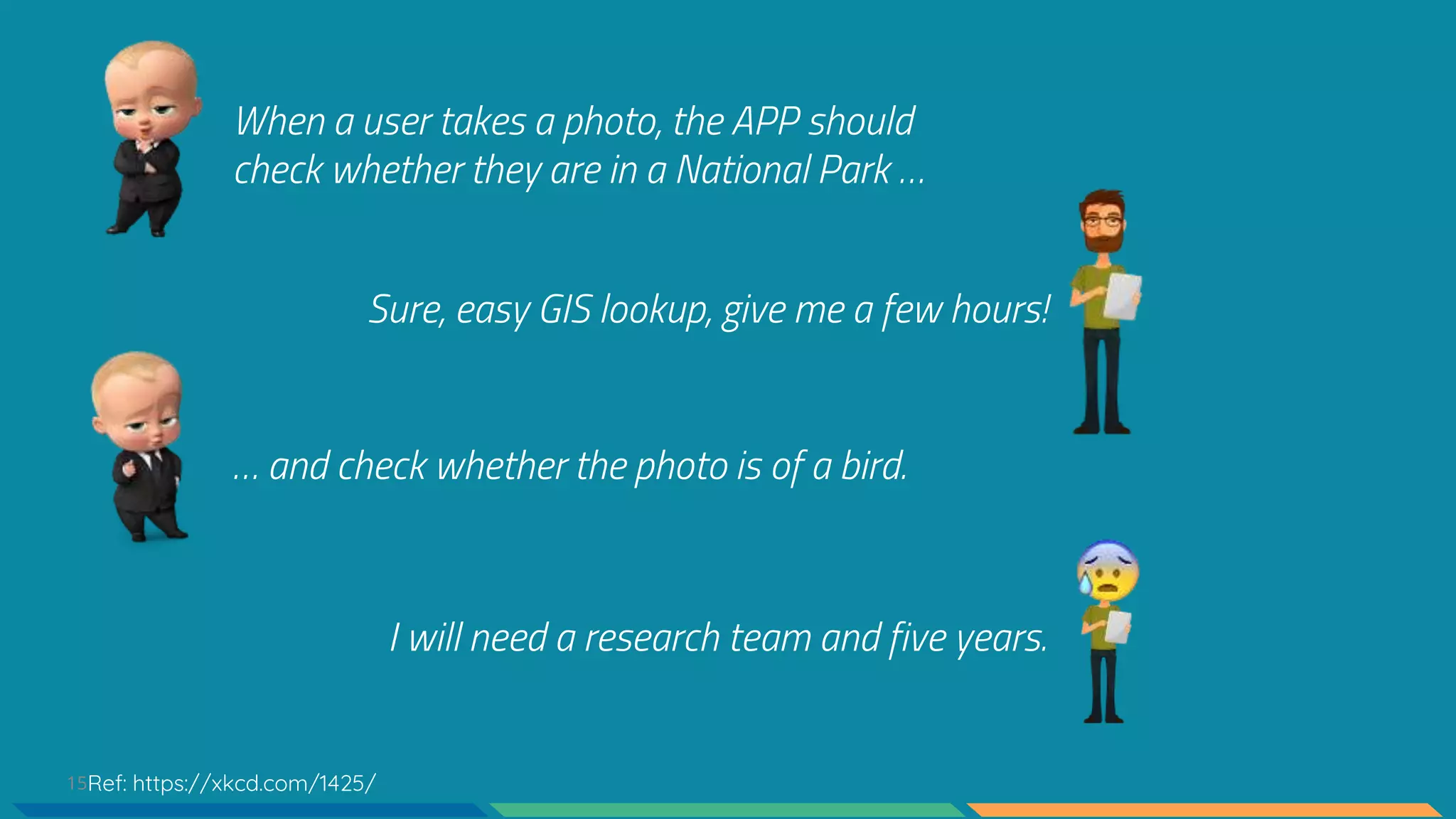 15
Sure, easy GIS lookup, give me a few hours!
When a user takes a photo, the APP should
check whether they are in a National Park …
… and check whether the photo is of a bird.
I will need a research team and five years.
Ref: https://xkcd.com/1425/
 
