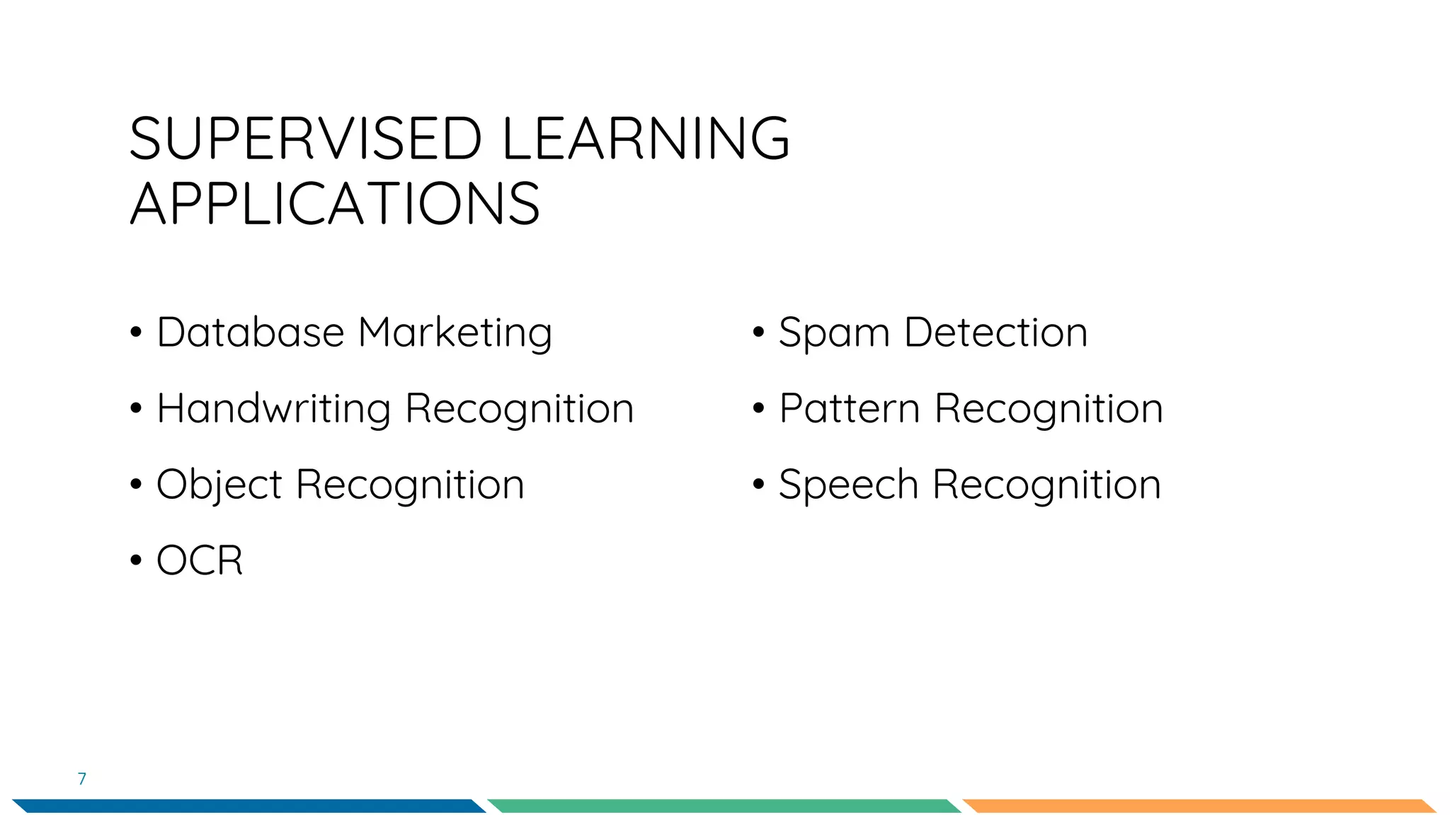 SUPERVISED LEARNING
APPLICATIONS
• Database Marketing
• Handwriting Recognition
• Object Recognition
• OCR
• Spam Detection
• Pattern Recognition
• Speech Recognition
7
 
