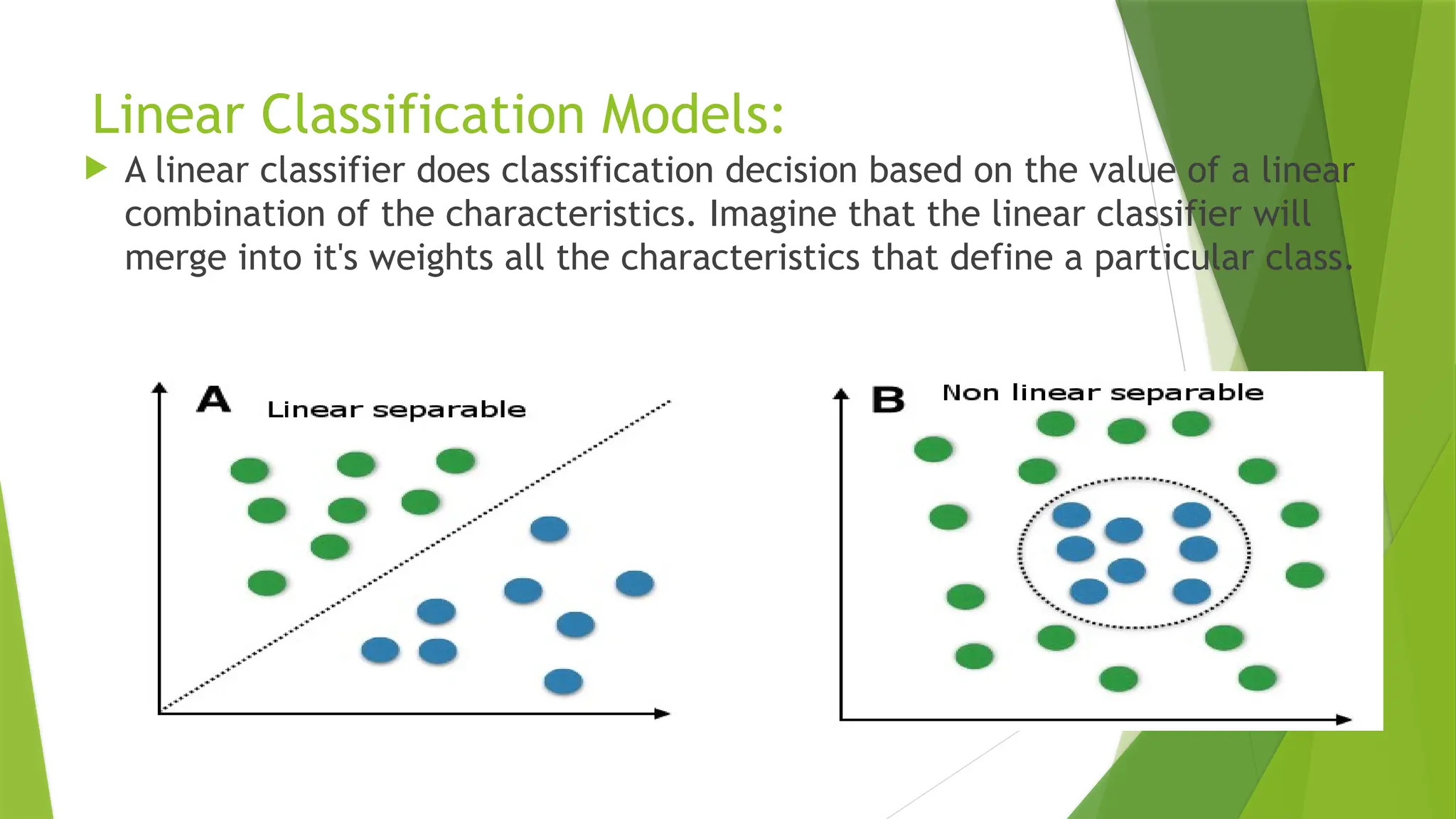 Linear Classification Models:
 A linear classifier does classification decision based on the value of a linear
combination of the characteristics. Imagine that the linear classifier will
merge into it's weights all the characteristics that define a particular class.
 