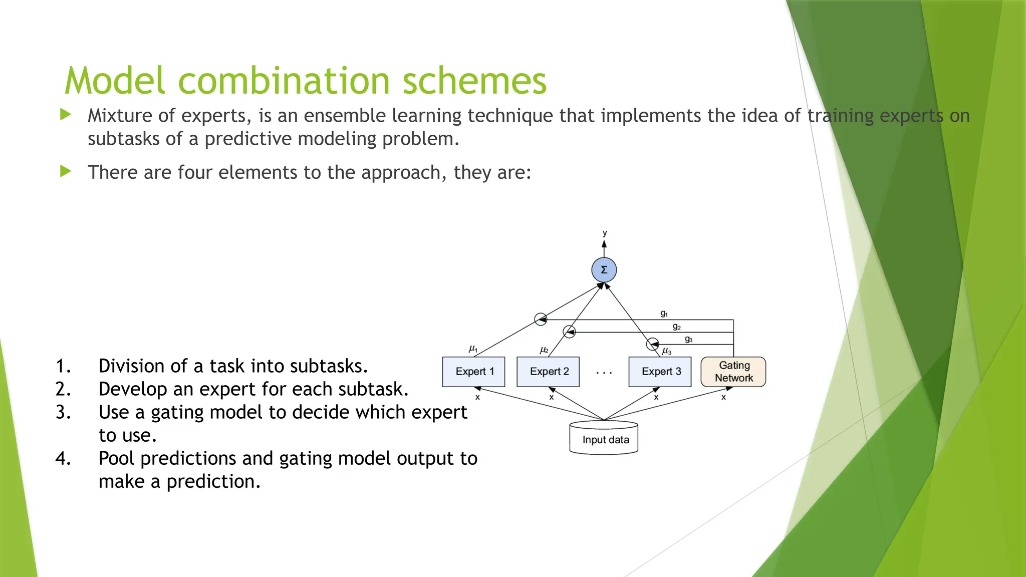 Model combination schemes
 Mixture of experts, is an ensemble learning technique that implements the idea of training experts on
subtasks of a predictive modeling problem.
 There are four elements to the approach, they are:
1. Division of a task into subtasks.
2. Develop an expert for each subtask.
3. Use a gating model to decide which expert
to use.
4. Pool predictions and gating model output to
make a prediction.
 