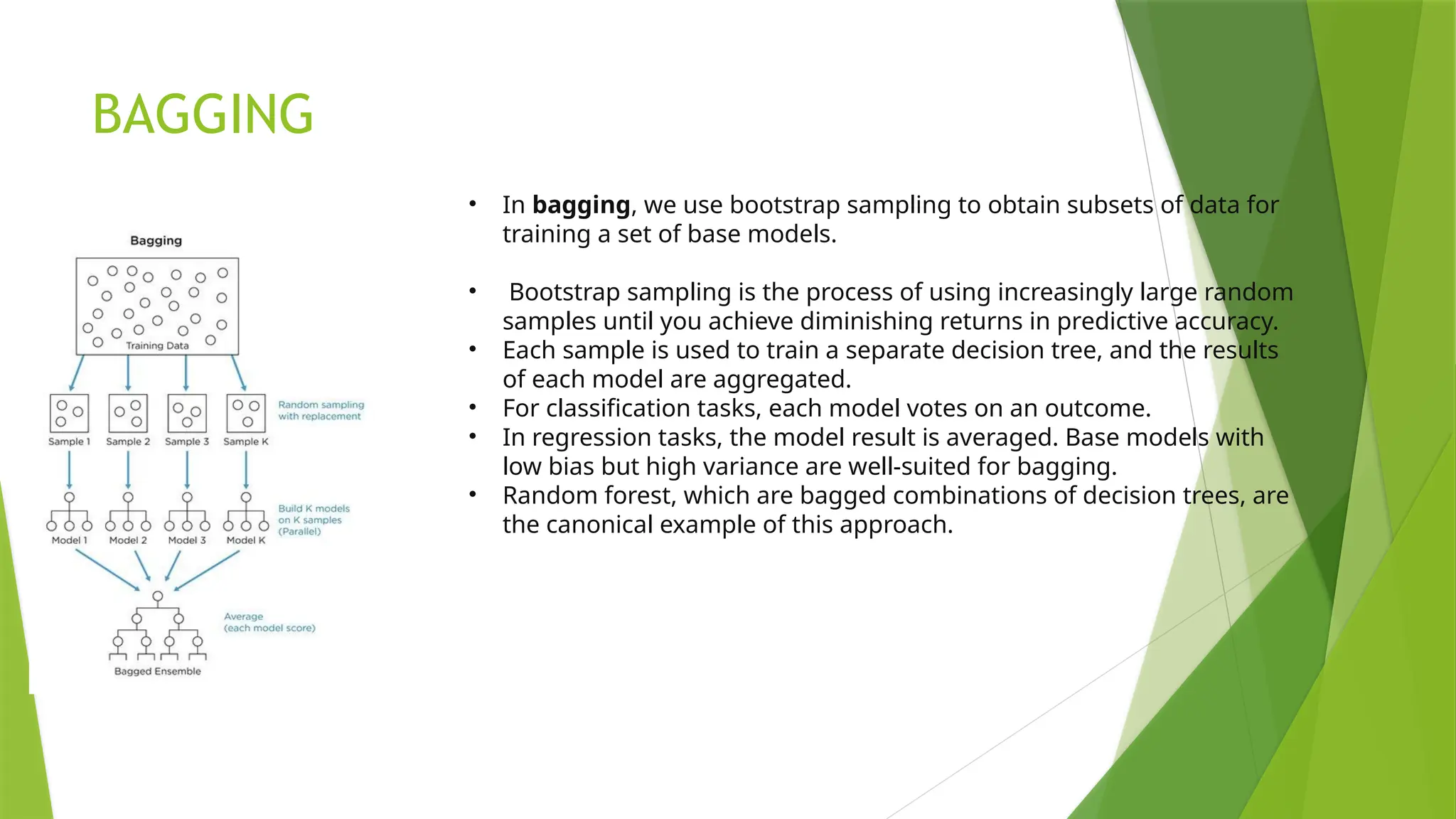 BAGGING
• In bagging, we use bootstrap sampling to obtain subsets of data for
training a set of base models.
• Bootstrap sampling is the process of using increasingly large random
samples until you achieve diminishing returns in predictive accuracy.
• Each sample is used to train a separate decision tree, and the results
of each model are aggregated.
• For classification tasks, each model votes on an outcome.
• In regression tasks, the model result is averaged. Base models with
low bias but high variance are well-suited for bagging.
• Random forest, which are bagged combinations of decision trees, are
the canonical example of this approach.
 