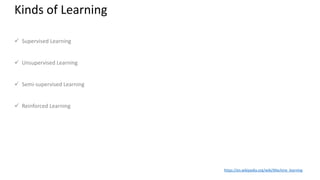 Kinds of Learning
 Supervised Learning
 Unsupervised Learning
 Semi-supervised Learning
 Reinforced Learning
https://en.wikipedia.org/wiki/Machine_learning
 