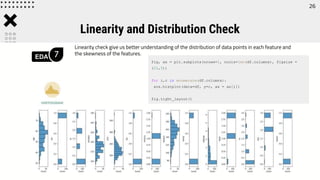 Linearity check give us better understanding of the distribution of data points in each feature and
the skewness of the features.
Linearity and Distribution Check
EDA 7
fig, ax = plt.subplots(nrows=1, ncols=len(df.columns), figsize =
(20,5))
for i,c in enumerate(df.columns):
sns.histplot(data=df, y=c, ax = ax[i])
fig.tight_layout()
26
 
