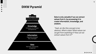 DIKW Pyramid
Data
Raw facts, unprocessed,
unorganized
Information
Organized, processed
data, meaningful
Knowledge
Contextual, mix of values
and experiences
Wisdom
Evaluated understanding,
integrated knowledge
Data is only valuable if we can extract
values from it, by processing it to
create information, knowledge, and
wisdom.
“Yeah, ok. But this concept is too
abstract. What is data? What values can
we get from exploiting it? How can we
extract values from it?”
9
 