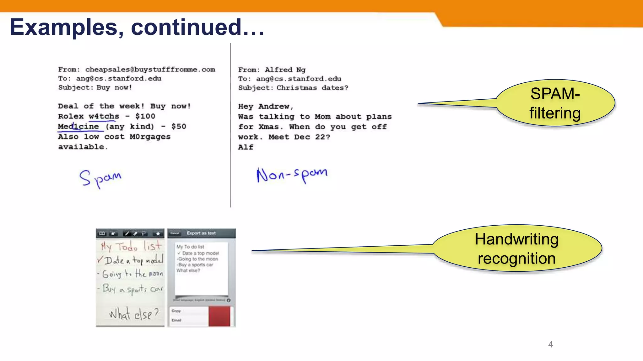 Examples, continued…
4
SPAM-
filtering
Handwriting
recognition
 