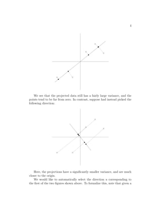 4 
   
 
 
 
 
 
 
 
 
 
 
 
 
 
 
 
 
 
 
 
 
 
 
 
 
 
 
 
 
 
 
 
 
 
 
  
 
 
 
 
 
 
 
 
 
 
 
 
 
 
 
 
 
 
 
 
 
We see that the projected data still has a fairly large variance, and the 
points tend to be far from zero. In contrast, suppose had instead picked the 
following direction: 
 
 
 
 
 
 
 
 
 
 
 
 
 
 
 
 
 
 
 
 
 
 
 
 
 
 
 
 
 
 
 
 
 
 
 
 
 
 
 
 
 
 
 
 
 
 
 
 
 
 
 
 
 
 
  
 
 
 
 
 
 
 
 
 
 
 
 
 
 
 
 
 
 
 
 
 
 
 
 
 
 
 
 
 
 
 
 
 
 
 
 
 
 
 
 
 
 
 
 
 
 
 
 
 
 
 
 
 
 
 
 
 
 
 
 
 
 
 
 
 
 
 
 
 
 
 
 
 
 
 
 
 
 
 
 
 
 
 
 
 
 
 
 
 
 
Here, the projections have a significantly smaller variance, and are much 
closer to the origin. 
We would like to automatically select the direction u corresponding to 
the first of the two figures shown above. To formalize this, note that given a 
 
