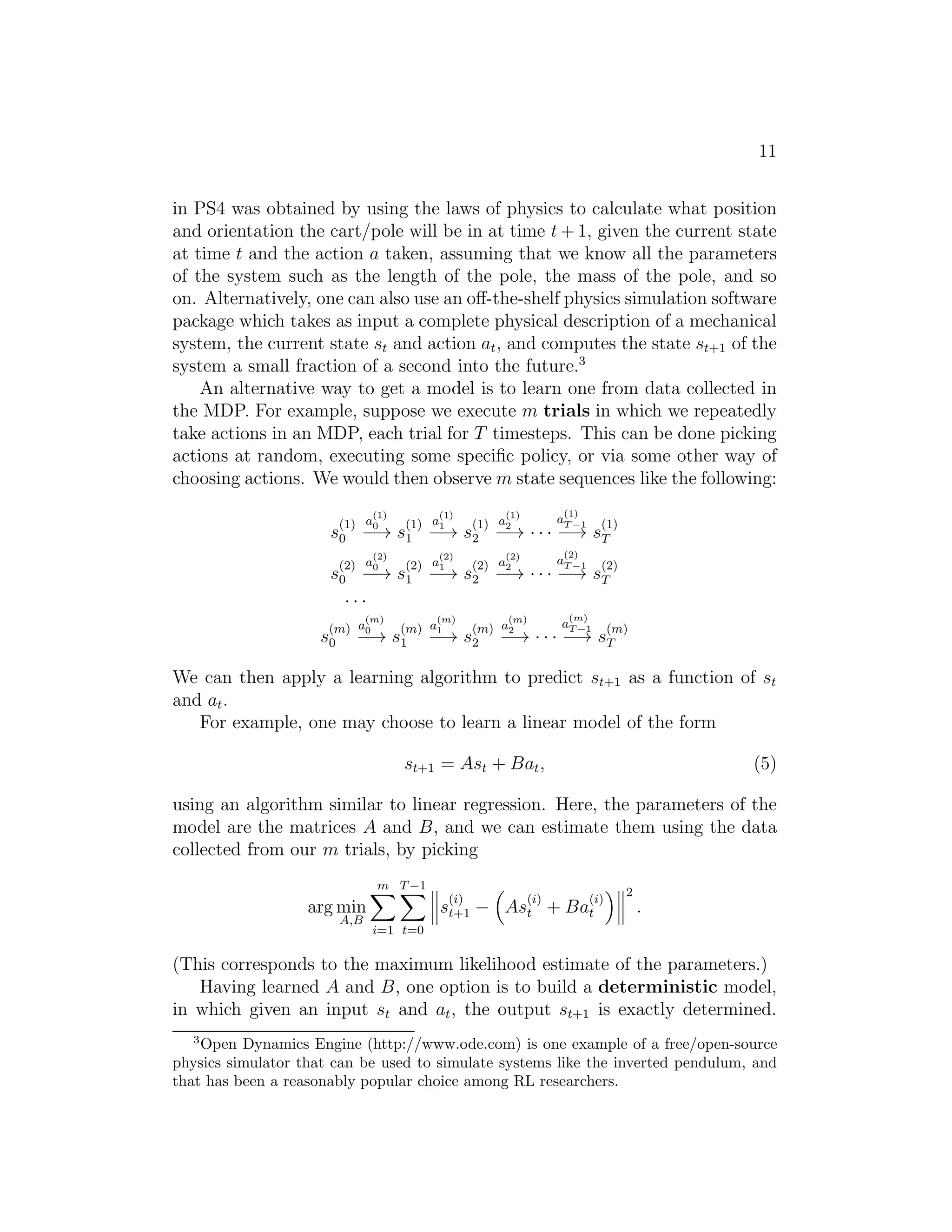 9 
(and π∗). Specifically, it assumes that the value function is takes a constant 
value over each of the discretization intervals (i.e., that the value function is 
piecewise constant in each of the gridcells). 
To better understand the limitations of such a representation, consider a 
supervised learning problem of fitting a function to this dataset: 
1 2 3 4 5 6 7 8 
5.5 
5 
4.5 
4 
3.5 
3 
2.5 
2 
1.5 
x 
y 
Clearly, linear regression would do fine on this problem. However, if we 
instead discretize the x-axis, and then use a representation that is piecewise 
constant in each of the discretization intervals, then our fit to the data would 
look like this: 
1 2 3 4 5 6 7 8 
5.5 
5 
4.5 
4 
3.5 
3 
2.5 
2 
1.5 
x 
y 
This piecewise constant representation just isn’t a good representation for 
many smooth functions. It results in little smoothing over the inputs, and no 
generalization over the different grid cells. Using this sort of representation, 
we would also need a very fine discretization (very small grid cells) to get a 
good approximation. 
 