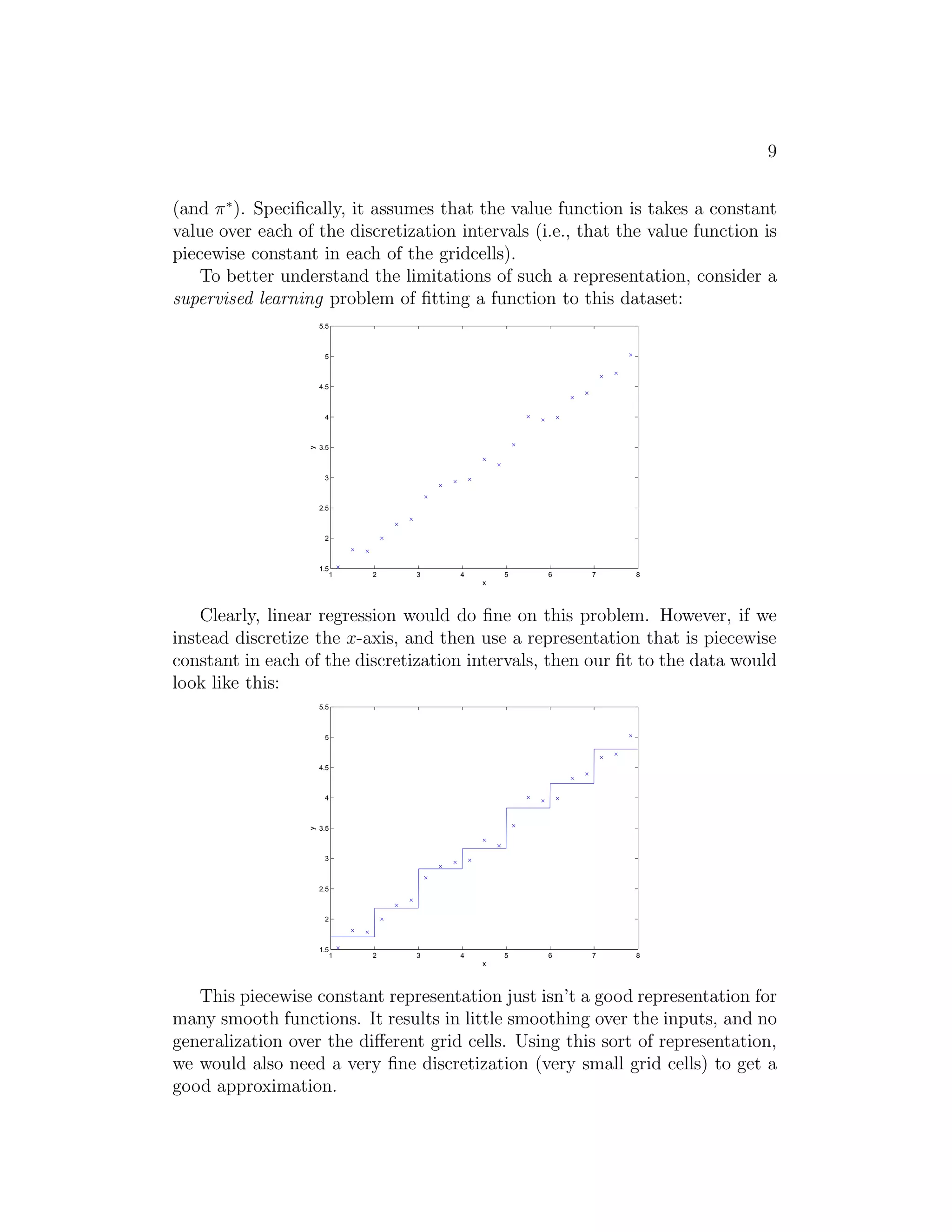 7 
using the new experience. Specifically, if we keep around the counts for both 
the numerator and denominator terms of (4), then as we observe more trials, 
we can simply keep accumulating those counts. Computing the ratio of these 
counts then given our estimate of Psa. 
Using a similar procedure, if R is unknown, we can also pick our estimate 
of the expected immediate reward R(s) in state s to be the average reward 
observed in state s. 
Having learned a model for the MDP, we can then use either value it- 
eration or policy iteration to solve the MDP using the estimated transition 
probabilities and rewards. For example, putting together model learning and 
value iteration, here is one possible algorithm for learning in an MDP with 
unknown state transition probabilities: 
1. Initialize π randomly. 
2. Repeat { 
(a) Execute π in the MDP for some number of trials. 
(b) Using the accumulated experience in the MDP, update our esti- 
mates for Psa (and R, if applicable). 
(c) Apply value iteration with the estimated state transition probabil- 
ities and rewards to get a new estimated value function V . 
(d) Update π to be the greedy policy with respect to V . 
} 
We note that, for this particular algorithm, there is one simple optimiza- 
tion that can make it run much more quickly. Specifically, in the inner loop 
of the algorithm where we apply value iteration, if instead of initializing value 
iteration with V = 0, we initialize it with the solution found during the pre- 
vious iteration of our algorithm, then that will provide value iteration with 
a much better initial starting point and make it converge more quickly. 
4 Continuous state MDPs 
So far, we’ve focused our attention on MDPs with a finite number of states. 
We now discuss algorithms for MDPs that may have an infinite number of 
states. For example, for a car, we might represent the state as (x, y, θ, ˙ x, ˙ y, ˙θ 
), 
comprising its position (x, y); orientation θ; velocity in the x and y directions 
x˙ and y˙; and angular velocity θ˙. Hence, S = R6 is an infinite set of states, 
 
