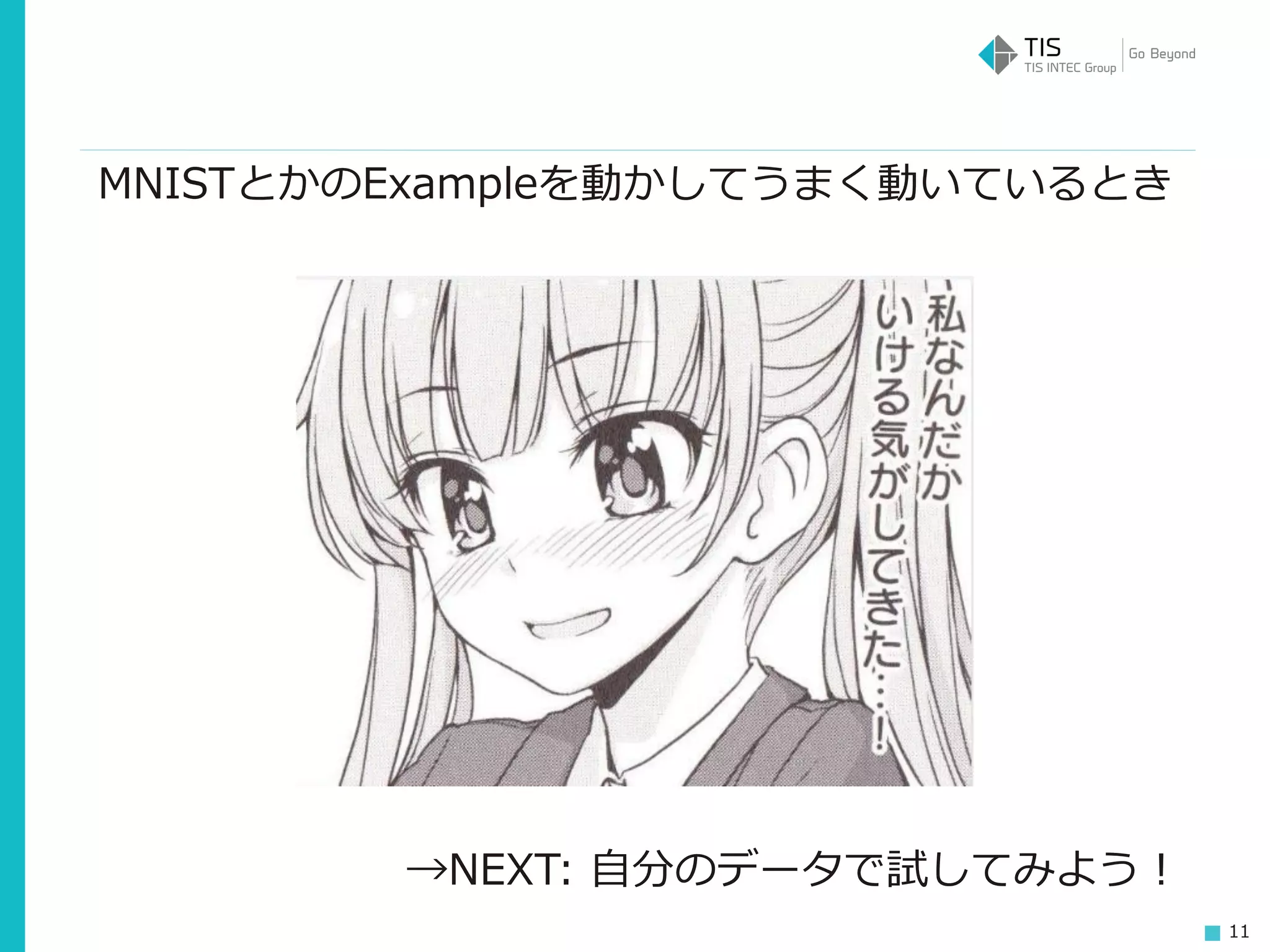 11
MNISTとかのExampleを動かしてうまく動いているとき
→NEXT: 自分のデータで試してみよう！
 