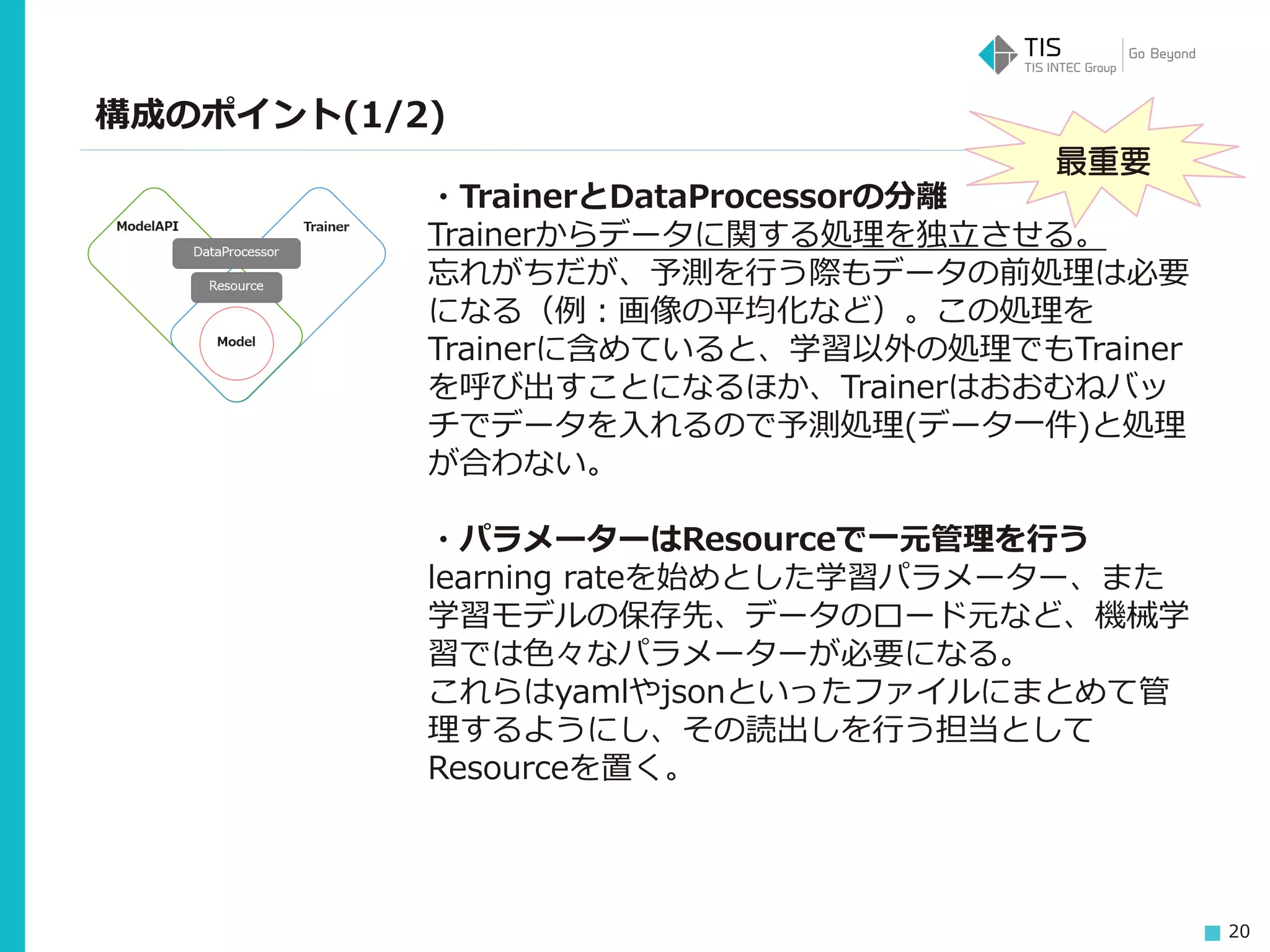 20
構成のポイント(1/2)
・TrainerとDataProcessorの分離
Trainerからデータに関する処理を独立させる。
忘れがちだが、予測を行う際もデータの前処理は必要
になる（例：画像の平均化など）。この処理を
Trainerに含めていると、学習以外の処理でもTrainer
を呼び出すことになるほか、Trainerはおおむねバッ
チでデータを入れるので予測処理(データ一件)と処理
が合わない。
・パラメーターはResourceで一元管理を行う
learning rateを始めとした学習パラメーター、また
学習モデルの保存先、データのロード元など、機械学
習では色々なパラメーターが必要になる。
これらはyamlやjsonといったファイルにまとめて管
理するようにし、その読出しを行う担当として
Resourceを置く。
最重要
 