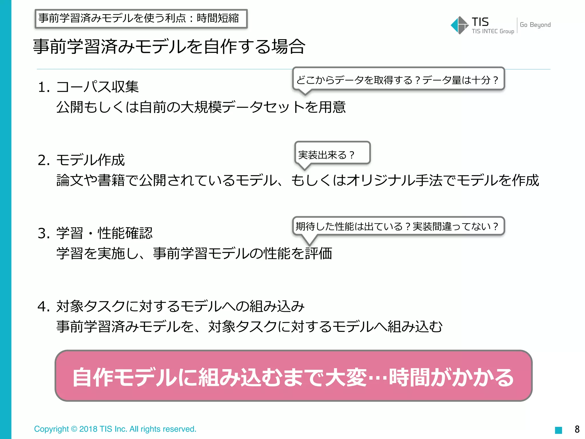 Copyright © 2018 TIS Inc. All rights reserved.
事前学習済みモデルを⾃作する場合
1. コーパス収集 
公開もしくは⾃前の⼤規模データセットを⽤意
2. モデル作成 
論⽂や書籍で公開されているモデル、もしくはオリジナル⼿法でモデルを作成
3. 学習・性能確認 
学習を実施し、事前学習モデルの性能を評価
4. 対象タスクに対するモデルへの組み込み 
事前学習済みモデルを、対象タスクに対するモデルへ組み込む
8
⾃作モデルに組み込むまで⼤変…時間がかかる
事前学習済みモデルを使う利点：時間短縮
実装出来る？
期待した性能は出ている？実装間違ってない？
どこからデータを取得する？データ量は⼗分？
 