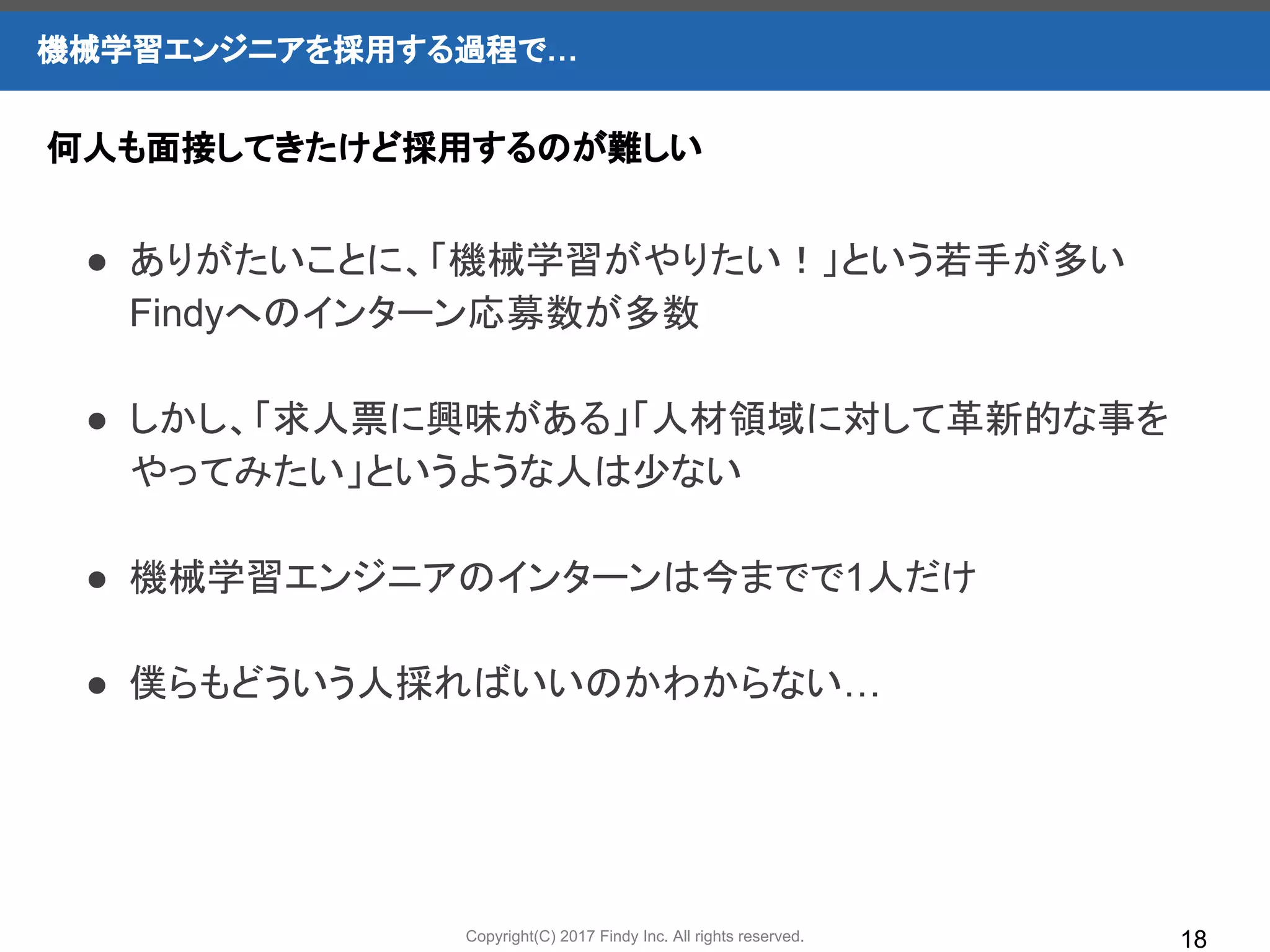 Copyright(C) 2017 Findy Inc. All rights reserved.
機械学習エンジニアを採用する過程で…
18
● ありがたいことに、「機械学習がやりたい！」という若手が多い
Findyへのインターン応募数が多数
● しかし、「求人票に興味がある」「人材領域に対して革新的な事を
やってみたい」というような人は少ない
● 機械学習エンジニアのインターンは今までで1人だけ
● 僕らもどういう人採ればいいのかわからない…
何人も面接してきたけど採用するのが難しい
 