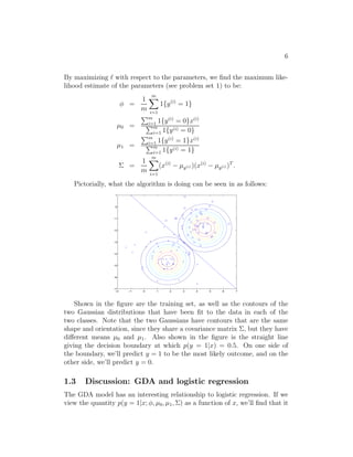6 
By maximizing ℓ with respect to the parameters, we find the maximum like- 
lihood estimate of the parameters (see problem set 1) to be: 
φ = 
1 
m 
Xm 
i=1 
1{y(i) = 1} 
μ0 = 
Pm 
i=1 1{y(i) = 0}x(i) 
Pm 
i=1 1{y(i) = 0} 
μ1 = 
Pm 
i=1 1{y(i) = 1}x(i) 
Pm 
i=1 1{y(i) = 1} 
 = 
1 
m 
Xm 
i=1 
(x(i) − μy(i))(x(i) − μy(i))T . 
Pictorially, what the algorithm is doing can be seen in as follows: 
1 
0 
−1 
−2 
−3 
−4 
−5 
−6 
−7 
−2 −1 0 1 2 3 4 5 6 7 
Shown in the figure are the training set, as well as the contours of the 
two Gaussian distributions that have been fit to the data in each of the 
two classes. Note that the two Gaussians have contours that are the same 
shape and orientation, since they share a covariance matrix , but they have 
different means μ0 and μ1. Also shown in the figure is the straight line 
giving the decision boundary at which p(y = 1|x) = 0.5. On one side of 
the boundary, we’ll predict y = 1 to be the most likely outcome, and on the 
other side, we’ll predict y = 0. 
1.3 Discussion: GDA and logistic regression 
The GDA model has an interesting relationship to logistic regression. If we 
view the quantity p(y = 1|x; φ, μ0, μ1,) as a function of x, we’ll find that it 
 