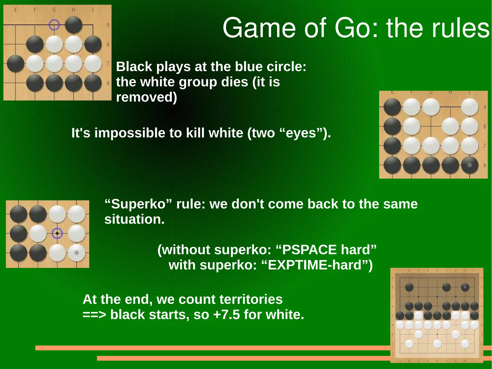 Game of Go: the rules
Black plays at the blue circle:
the white group dies (it is
removed)
It's impossible to kill white (two “eyes”).
“Superko” rule: we don't come back to the same
situation.
(without superko: “PSPACE hard”
with superko: “EXPTIME-hard”)
At the end, we count territories
==> black starts, so +7.5 for white.
 