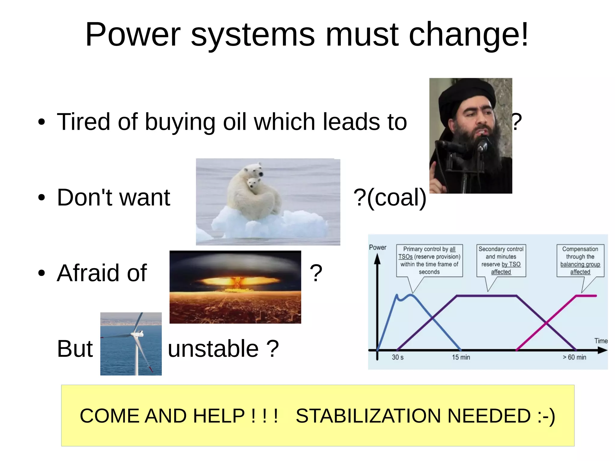 Power systems must change!
● Tired of buying oil which leads to ?
● Don't want ?(coal)
● Afraid of ?
But unstable ?
COME AND HELP ! ! ! STABILIZATION NEEDED :-)
 