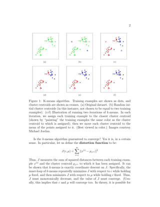 2 
(a) (b) (c) 
(d) (e) (f) 
Figure 1: K-means algorithm. Training examples are shown as dots, and 
cluster centroids are shown as crosses. (a) Original dataset. (b) Random ini- 
tial cluster centroids (in this instance, not chosen to be equal to two training 
examples). (c-f) Illustration of running two iterations of k-means. In each 
iteration, we assign each training example to the closest cluster centroid 
(shown by “painting” the training examples the same color as the cluster 
centroid to which is assigned); then we move each cluster centroid to the 
mean of the points assigned to it. (Best viewed in color.) Images courtesy 
Michael Jordan. 
Is the k-means algorithm guaranteed to converge? Yes it is, in a certain 
sense. In particular, let us define the distortion function to be: 
J(c, μ) = 
m 
X 
i=1 
||x(i) − μc(i) ||2 
Thus, J measures the sum of squared distances between each training exam- 
ple x(i) and the cluster centroid μc(i) to which it has been assigned. It can 
be shown that k-means is exactly coordinate descent on J. Specifically, the 
inner-loop of k-means repeatedly minimizes J with respect to c while holding 
μ fixed, and then minimizes J with respect to μ while holding c fixed. Thus, 
J must monotonically decrease, and the value of J must converge. (Usu- 
ally, this implies that c and μ will converge too. In theory, it is possible for 
 