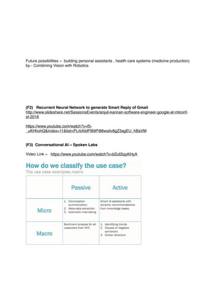 Future possibilities ~ building personal assistants , health care systems (medicine production)
by - Combining Vision with Robotics
(F2) Recurrent Neural Network to generate Smart Reply of Gmail
http://www.slideshare.net/SessionsEvents/anjuli-kannan-software-engineer-google-at-mlconf-
sf-2016
https://www.youtube.com/watch?v=f5-
_uKHhohQ&index=11&list=PLrbAIdPI69Pi88waiIv8gZ3agEU_hBaVM
(F3) Conversational AI ~ Spoken Labs
Video Link ~ https://www.youtube.com/watch?v=bDJtSqyKHyA
 