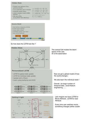 So how does the LSTM look like ?
The central Cell models the latent
space of the user.
Xt is the observation
Now we get a global model of how
the world changes :
We also learn the individual state !
Overall , for large number of
temporal data , avoid feature
engineering …..
Lets imagine we have LSTM for
Movie Attribute , LSTM for User
Attribute
Every time user watches movie ,
something changes (either cluster
 