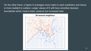On the other hand, a higher K averages more voters in each prediction and hence
is more resilient to outliers. Larger values of K will have smoother decision
boundaries which means lower variance but increased bias.
29
 