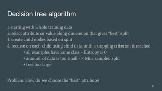 Decision tree algorithm
1. starting with whole training data
2. select attribute or value along dimension that gives “best” split
3. create child nodes based on split
4. recurse on each child using child data until a stopping criterion is reached
• all examples have same class - Entropy is 0
• amount of data is too small - < Min_samples_split
• tree too large
Problem: How do we choose the “best” attribute?
8
 