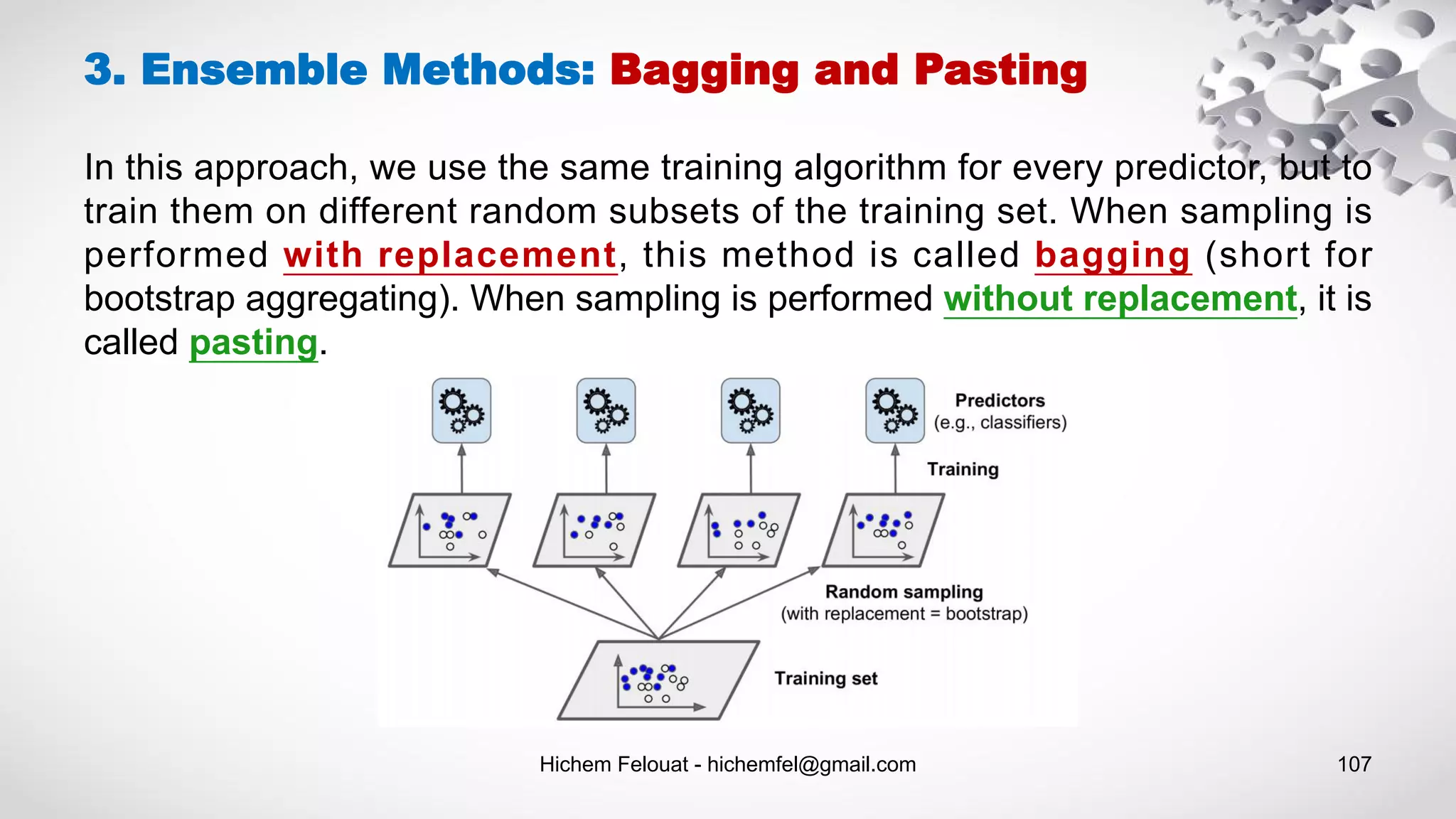 Hichem Felouat - hichemfel@gmail.com 107
3. Ensemble Methods: Bagging and Pasting
In this approach, we use the same training algorithm for every predictor, but to
train them on different random subsets of the training set. When sampling is
performed with replacement, this method is called bagging (short for
bootstrap aggregating). When sampling is performed without replacement, it is
called pasting.
 