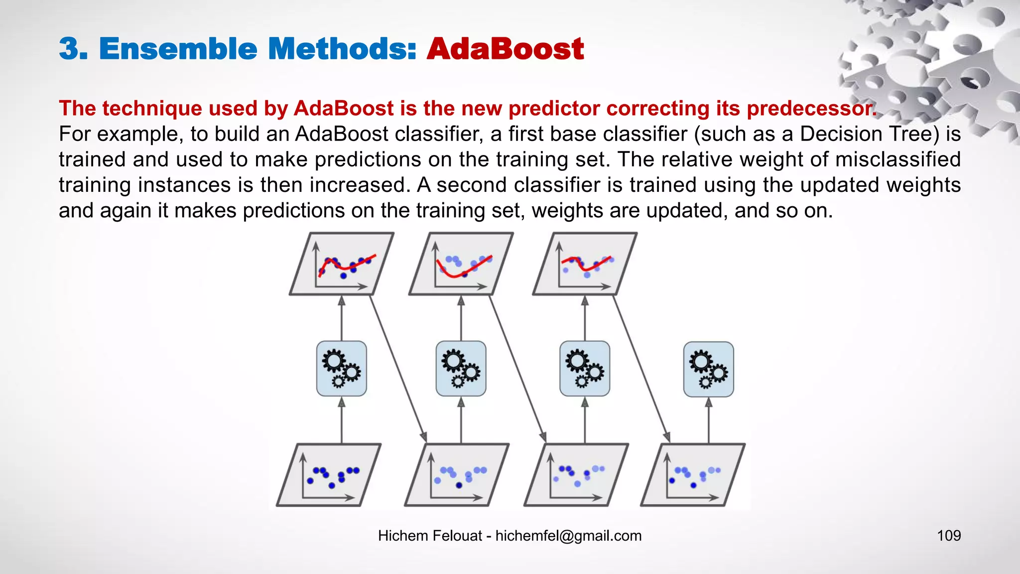 Hichem Felouat - hichemfel@gmail.com 109
3. Ensemble Methods: AdaBoost
The technique used by AdaBoost is the new predictor correcting its predecessor.
For example, to build an AdaBoost classifier, a first base classifier (such as a Decision Tree) is
trained and used to make predictions on the training set. The relative weight of misclassified
training instances is then increased. A second classifier is trained using the updated weights
and again it makes predictions on the training set, weights are updated, and so on.
 