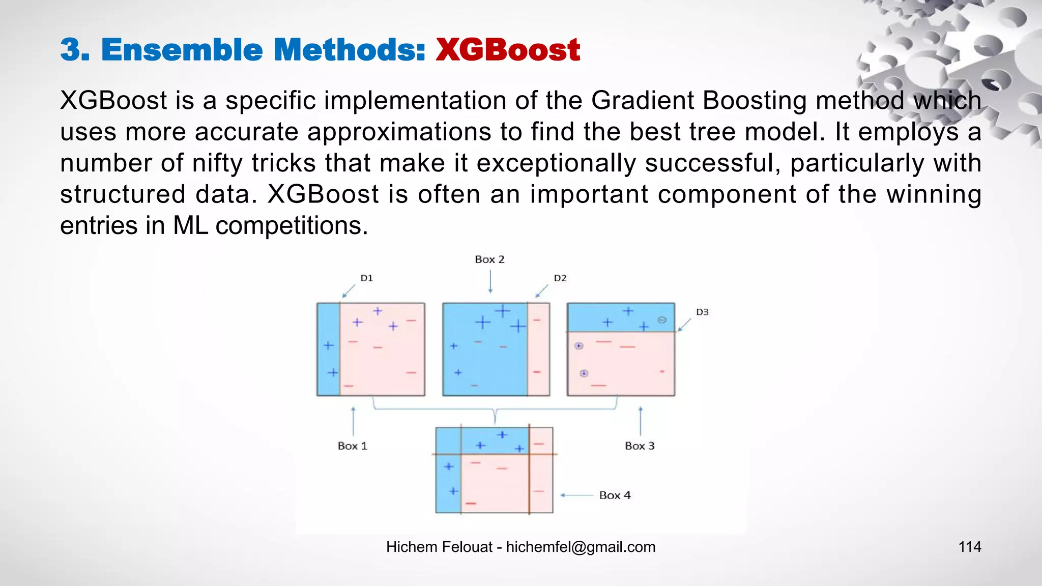 Hichem Felouat - hichemfel@gmail.com 114
3. Ensemble Methods: XGBoost
XGBoost is a specific implementation of the Gradient Boosting method which
uses more accurate approximations to find the best tree model. It employs a
number of nifty tricks that make it exceptionally successful, particularly with
structured data. XGBoost is often an important component of the winning
entries in ML competitions.
 