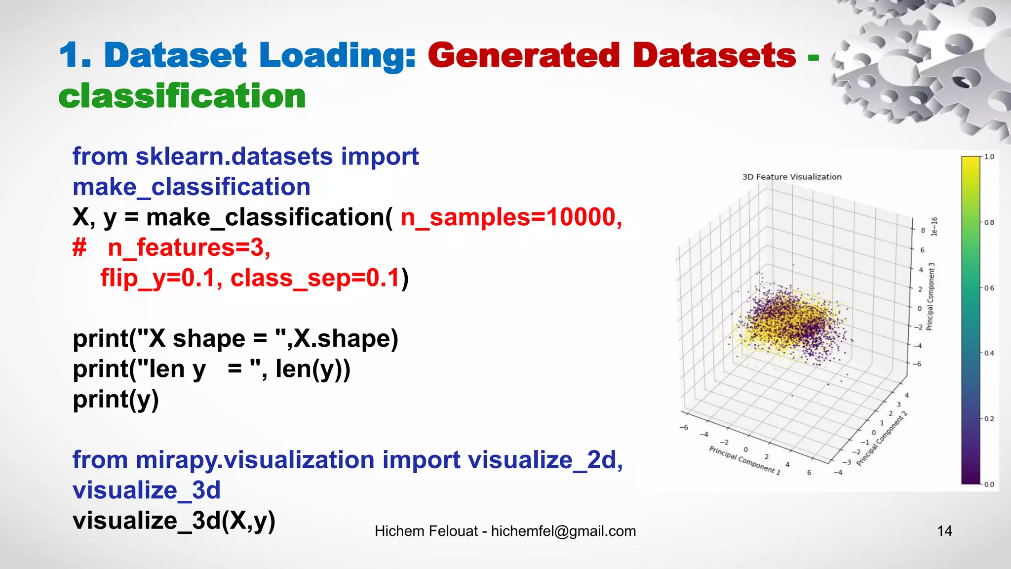 Hichem Felouat - hichemfel@gmail.com 14
1. Dataset Loading: Generated Datasets -
classification
from sklearn.datasets import
make_classification
X, y = make_classification( n_samples=10000,
# n_features=3,
flip_y=0.1, class_sep=0.1)
print("X shape = ",X.shape)
print("len y = ", len(y))
print(y)
from mirapy.visualization import visualize_2d,
visualize_3d
visualize_3d(X,y)
 