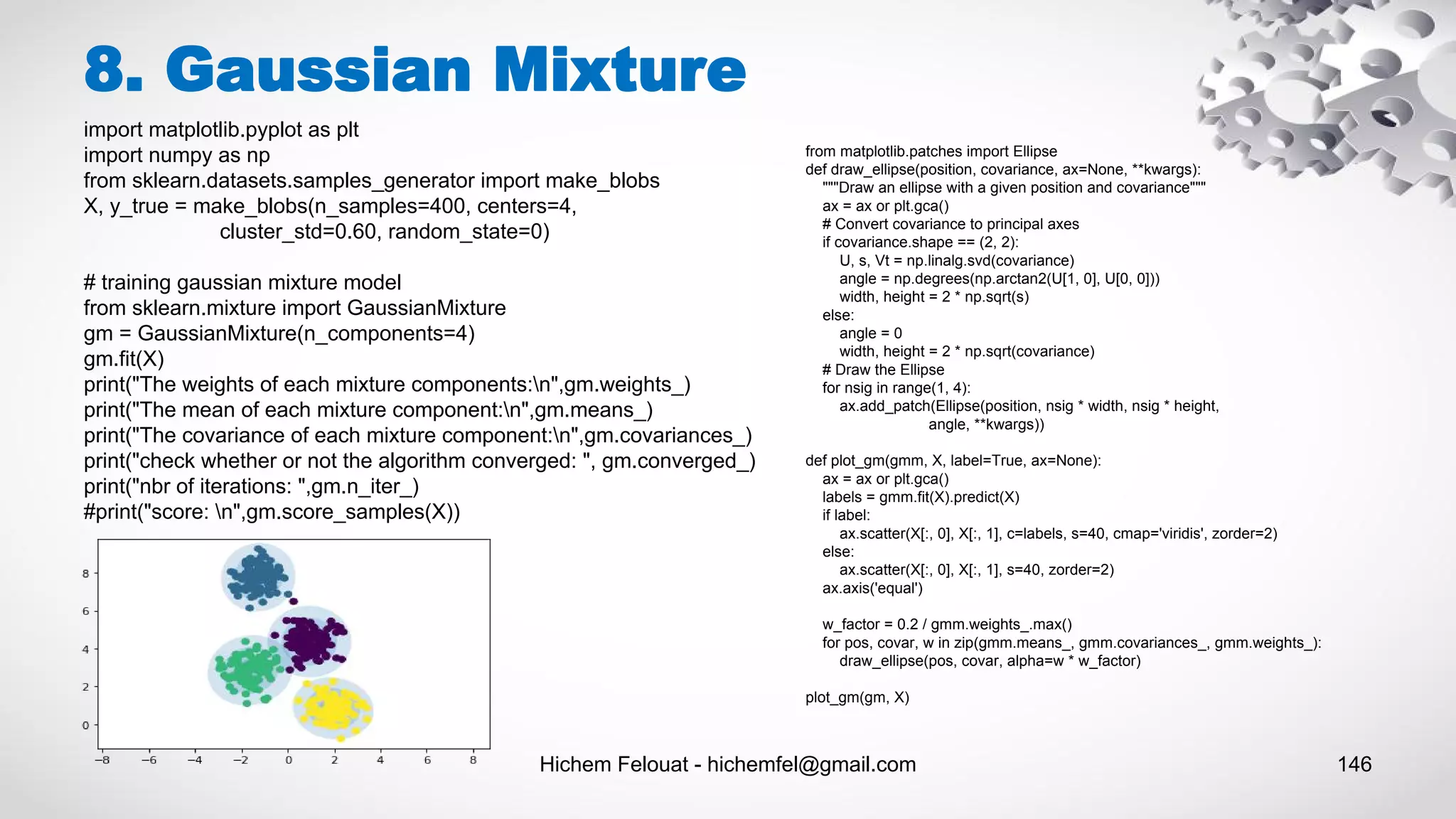 Hichem Felouat - hichemfel@gmail.com 146
8. Gaussian Mixture
import matplotlib.pyplot as plt
import numpy as np
from sklearn.datasets.samples_generator import make_blobs
X, y_true = make_blobs(n_samples=400, centers=4,
cluster_std=0.60, random_state=0)
# training gaussian mixture model
from sklearn.mixture import GaussianMixture
gm = GaussianMixture(n_components=4)
gm.fit(X)
print("The weights of each mixture components:n",gm.weights_)
print("The mean of each mixture component:n",gm.means_)
print("The covariance of each mixture component:n",gm.covariances_)
print("check whether or not the algorithm converged: ", gm.converged_)
print("nbr of iterations: ",gm.n_iter_)
#print("score: n",gm.score_samples(X))
from matplotlib.patches import Ellipse
def draw_ellipse(position, covariance, ax=None, **kwargs):
"""Draw an ellipse with a given position and covariance"""
ax = ax or plt.gca()
# Convert covariance to principal axes
if covariance.shape == (2, 2):
U, s, Vt = np.linalg.svd(covariance)
angle = np.degrees(np.arctan2(U[1, 0], U[0, 0]))
width, height = 2 * np.sqrt(s)
else:
angle = 0
width, height = 2 * np.sqrt(covariance)
# Draw the Ellipse
for nsig in range(1, 4):
ax.add_patch(Ellipse(position, nsig * width, nsig * height,
angle, **kwargs))
def plot_gm(gmm, X, label=True, ax=None):
ax = ax or plt.gca()
labels = gmm.fit(X).predict(X)
if label:
ax.scatter(X[:, 0], X[:, 1], c=labels, s=40, cmap='viridis', zorder=2)
else:
ax.scatter(X[:, 0], X[:, 1], s=40, zorder=2)
ax.axis('equal')
w_factor = 0.2 / gmm.weights_.max()
for pos, covar, w in zip(gmm.means_, gmm.covariances_, gmm.weights_):
draw_ellipse(pos, covar, alpha=w * w_factor)
plot_gm(gm, X)
 