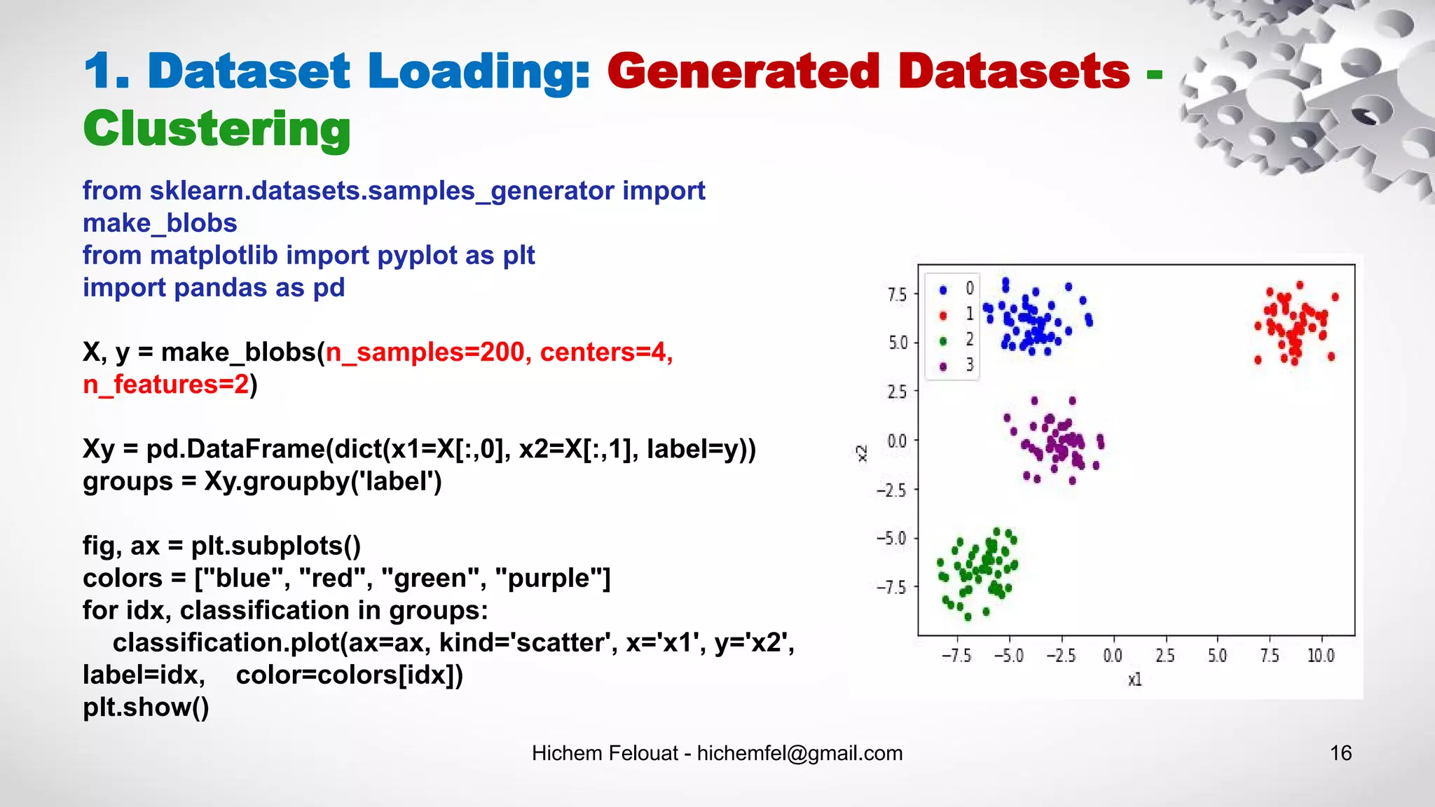 Hichem Felouat - hichemfel@gmail.com 16
1. Dataset Loading: Generated Datasets -
Clustering
from sklearn.datasets.samples_generator import
make_blobs
from matplotlib import pyplot as plt
import pandas as pd
X, y = make_blobs(n_samples=200, centers=4,
n_features=2)
Xy = pd.DataFrame(dict(x1=X[:,0], x2=X[:,1], label=y))
groups = Xy.groupby('label')
fig, ax = plt.subplots()
colors = ["blue", "red", "green", "purple"]
for idx, classification in groups:
classification.plot(ax=ax, kind='scatter', x='x1', y='x2',
label=idx, color=colors[idx])
plt.show()
 
