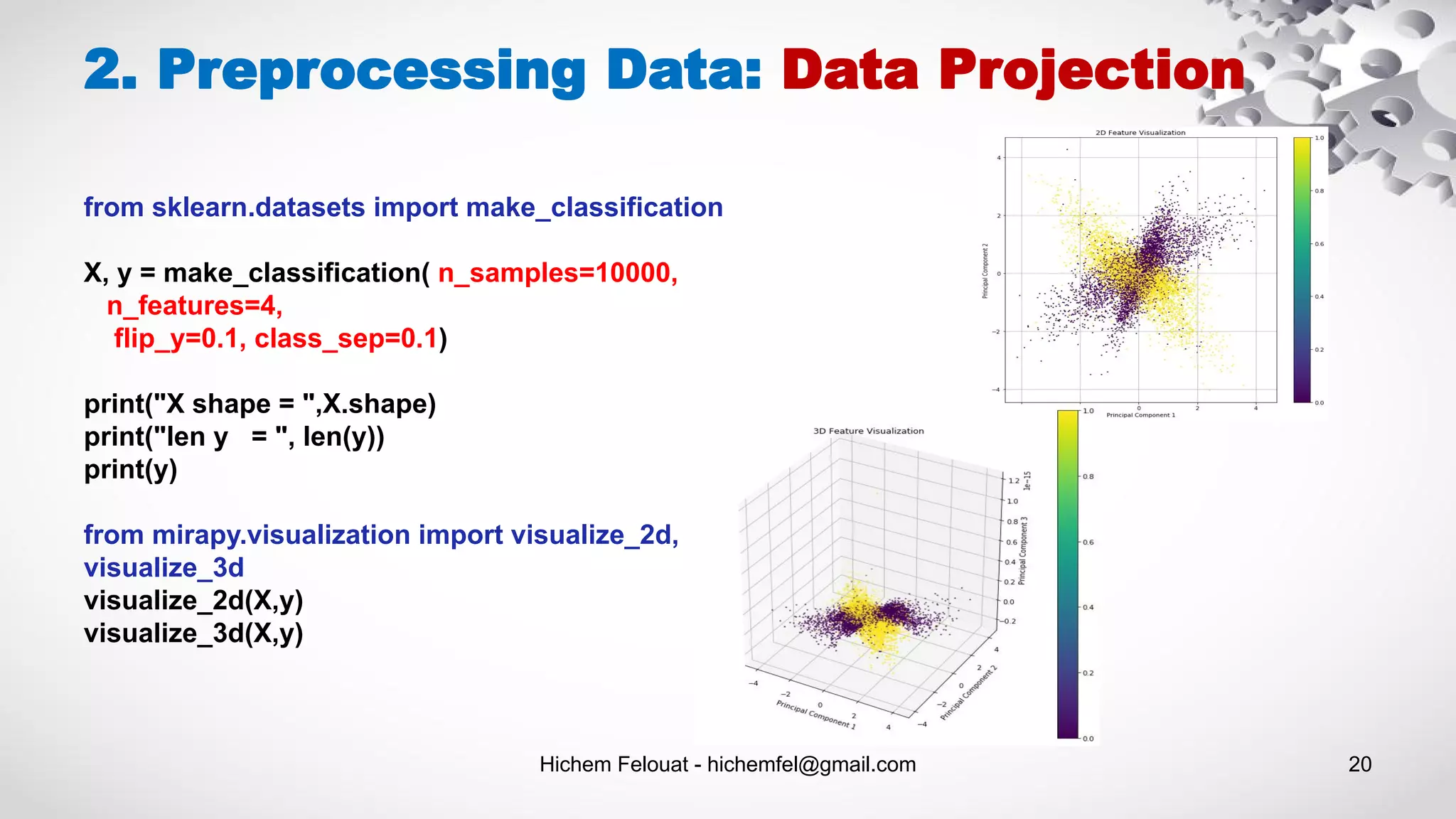 Hichem Felouat - hichemfel@gmail.com 20
2. Preprocessing Data: Data Projection
from sklearn.datasets import make_classification
X, y = make_classification( n_samples=10000,
n_features=4,
flip_y=0.1, class_sep=0.1)
print("X shape = ",X.shape)
print("len y = ", len(y))
print(y)
from mirapy.visualization import visualize_2d,
visualize_3d
visualize_2d(X,y)
visualize_3d(X,y)
 