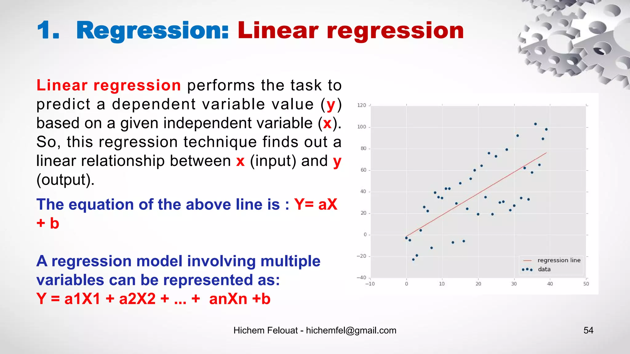 Hichem Felouat - hichemfel@gmail.com 54
1. Regression: Linear regression
Linear regression performs the task to
predict a dependent variable value (y)
based on a given independent variable (x).
So, this regression technique finds out a
linear relationship between x (input) and y
(output).
The equation of the above line is : Y= aX
+ b
A regression model involving multiple
variables can be represented as:
Y = a1X1 + a2X2 + ... + anXn +b
 