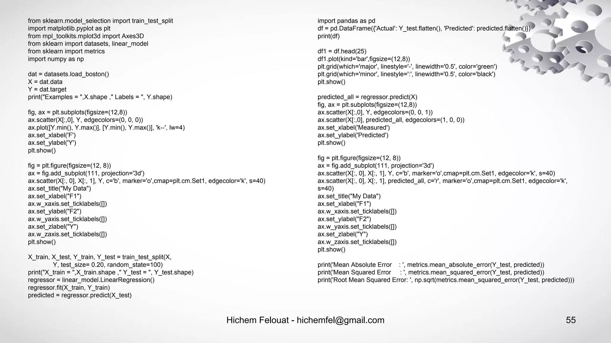 Hichem Felouat - hichemfel@gmail.com 55
from sklearn.model_selection import train_test_split
import matplotlib.pyplot as plt
from mpl_toolkits.mplot3d import Axes3D
from sklearn import datasets, linear_model
from sklearn import metrics
import numpy as np
dat = datasets.load_boston()
X = dat.data
Y = dat.target
print("Examples = ",X.shape ," Labels = ", Y.shape)
fig, ax = plt.subplots(figsize=(12,8))
ax.scatter(X[:,0], Y, edgecolors=(0, 0, 0))
ax.plot([Y.min(), Y.max()], [Y.min(), Y.max()], 'k--', lw=4)
ax.set_xlabel('F')
ax.set_ylabel('Y')
plt.show()
fig = plt.figure(figsize=(12, 8))
ax = fig.add_subplot(111, projection='3d')
ax.scatter(X[:, 0], X[:, 1], Y, c='b', marker='o',cmap=plt.cm.Set1, edgecolor='k', s=40)
ax.set_title("My Data")
ax.set_xlabel("F1")
ax.w_xaxis.set_ticklabels([])
ax.set_ylabel("F2")
ax.w_yaxis.set_ticklabels([])
ax.set_zlabel("Y")
ax.w_zaxis.set_ticklabels([])
plt.show()
X_train, X_test, Y_train, Y_test = train_test_split(X,
Y, test_size= 0.20, random_state=100)
print("X_train = ",X_train.shape ," Y_test = ", Y_test.shape)
regressor = linear_model.LinearRegression()
regressor.fit(X_train, Y_train)
predicted = regressor.predict(X_test)
import pandas as pd
df = pd.DataFrame({'Actual': Y_test.flatten(), 'Predicted': predicted.flatten()})
print(df)
df1 = df.head(25)
df1.plot(kind='bar',figsize=(12,8))
plt.grid(which='major', linestyle='-', linewidth='0.5', color='green')
plt.grid(which='minor', linestyle=':', linewidth='0.5', color='black')
plt.show()
predicted_all = regressor.predict(X)
fig, ax = plt.subplots(figsize=(12,8))
ax.scatter(X[:,0], Y, edgecolors=(0, 0, 1))
ax.scatter(X[:,0], predicted_all, edgecolors=(1, 0, 0))
ax.set_xlabel('Measured')
ax.set_ylabel('Predicted')
plt.show()
fig = plt.figure(figsize=(12, 8))
ax = fig.add_subplot(111, projection='3d')
ax.scatter(X[:, 0], X[:, 1], Y, c='b', marker='o',cmap=plt.cm.Set1, edgecolor='k', s=40)
ax.scatter(X[:, 0], X[:, 1], predicted_all, c='r', marker='o',cmap=plt.cm.Set1, edgecolor='k',
s=40)
ax.set_title("My Data")
ax.set_xlabel("F1")
ax.w_xaxis.set_ticklabels([])
ax.set_ylabel("F2")
ax.w_yaxis.set_ticklabels([])
ax.set_zlabel("Y")
ax.w_zaxis.set_ticklabels([])
plt.show()
print('Mean Absolute Error : ', metrics.mean_absolute_error(Y_test, predicted))
print('Mean Squared Error : ', metrics.mean_squared_error(Y_test, predicted))
print('Root Mean Squared Error: ', np.sqrt(metrics.mean_squared_error(Y_test, predicted)))
 