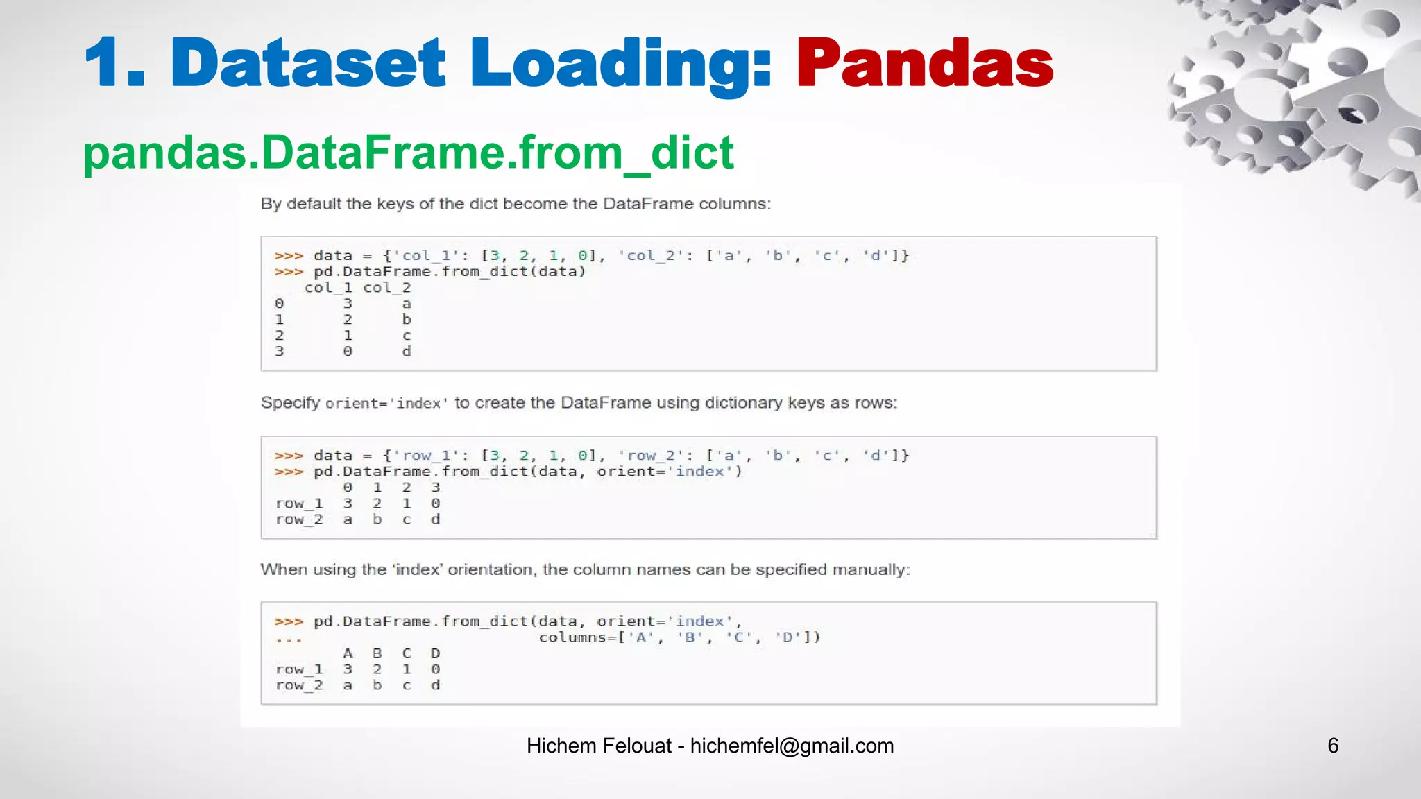 Hichem Felouat - hichemfel@gmail.com 6
1. Dataset Loading: Pandas
pandas.DataFrame.from_dict
 