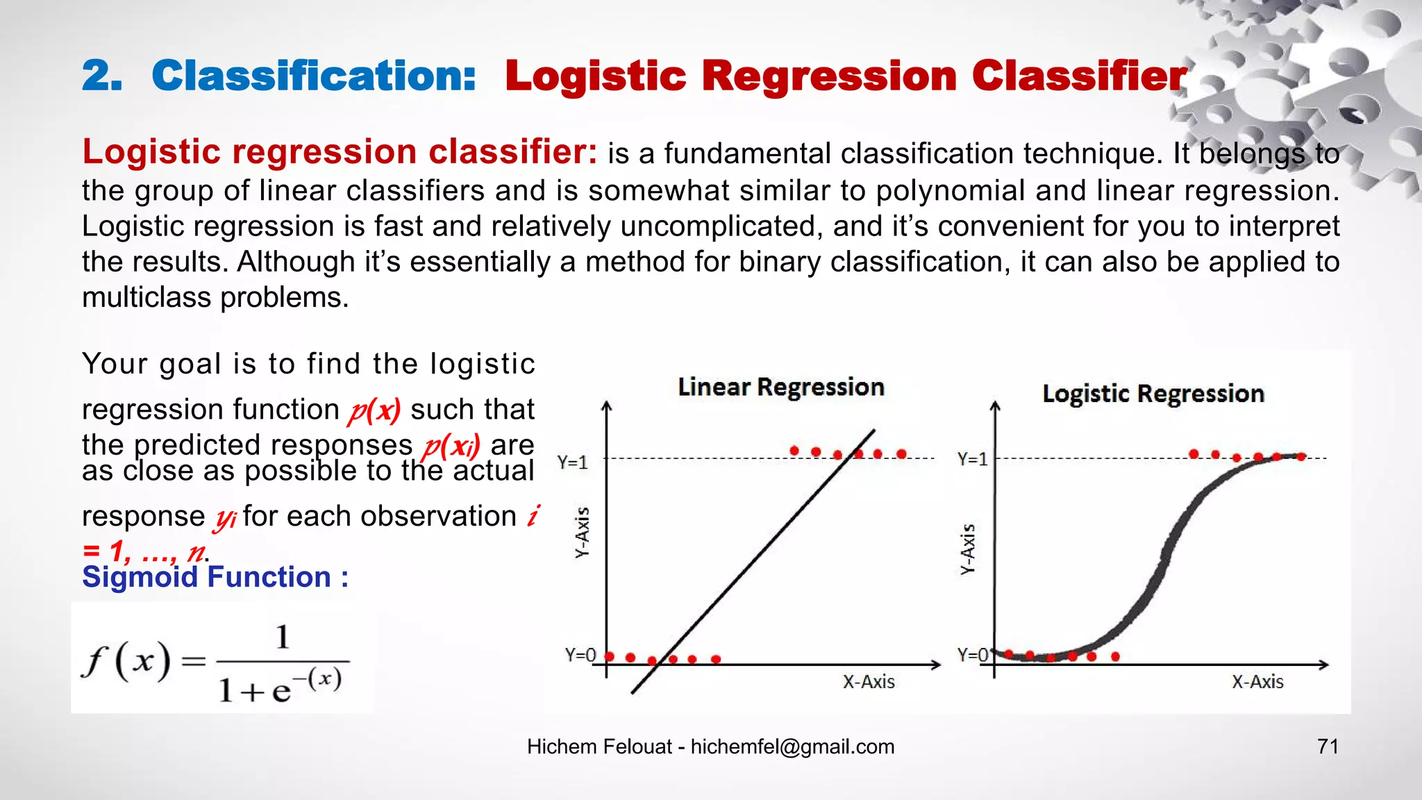 Hichem Felouat - hichemfel@gmail.com 71
2. Classification: Logistic Regression Classifier
Logistic regression classifier: is a fundamental classification technique. It belongs to
the group of linear classifiers and is somewhat similar to polynomial and linear regression.
Logistic regression is fast and relatively uncomplicated, and it’s convenient for you to interpret
the results. Although it’s essentially a method for binary classification, it can also be applied to
multiclass problems.
Your goal is to find the logistic
regression function ( ) such that
the predicted responses ( ) are
as close as possible to the actual
response for each observation
= 1, …, .
Sigmoid Function :
 