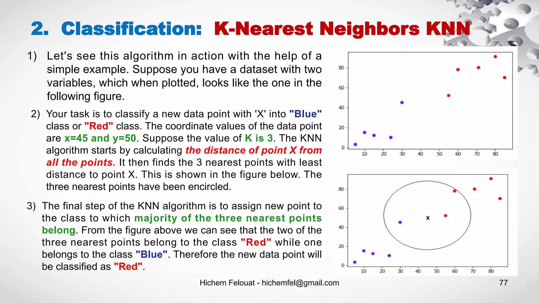 Hichem Felouat - hichemfel@gmail.com 77
2. Classification: K-Nearest Neighbors KNN
1) Let's see this algorithm in action with the help of a
simple example. Suppose you have a dataset with two
variables, which when plotted, looks like the one in the
following figure.
2) Your task is to classify a new data point with 'X' into "Blue"
class or "Red" class. The coordinate values of the data point
are x=45 and y=50. Suppose the value of K is 3. The KNN
algorithm starts by calculating the distance of point X from
all the points. It then finds the 3 nearest points with least
distance to point X. This is shown in the figure below. The
three nearest points have been encircled.
3) The final step of the KNN algorithm is to assign new point to
the class to which majority of the three nearest points
belong. From the figure above we can see that the two of the
three nearest points belong to the class "Red" while one
belongs to the class "Blue". Therefore the new data point will
be classified as "Red".
 