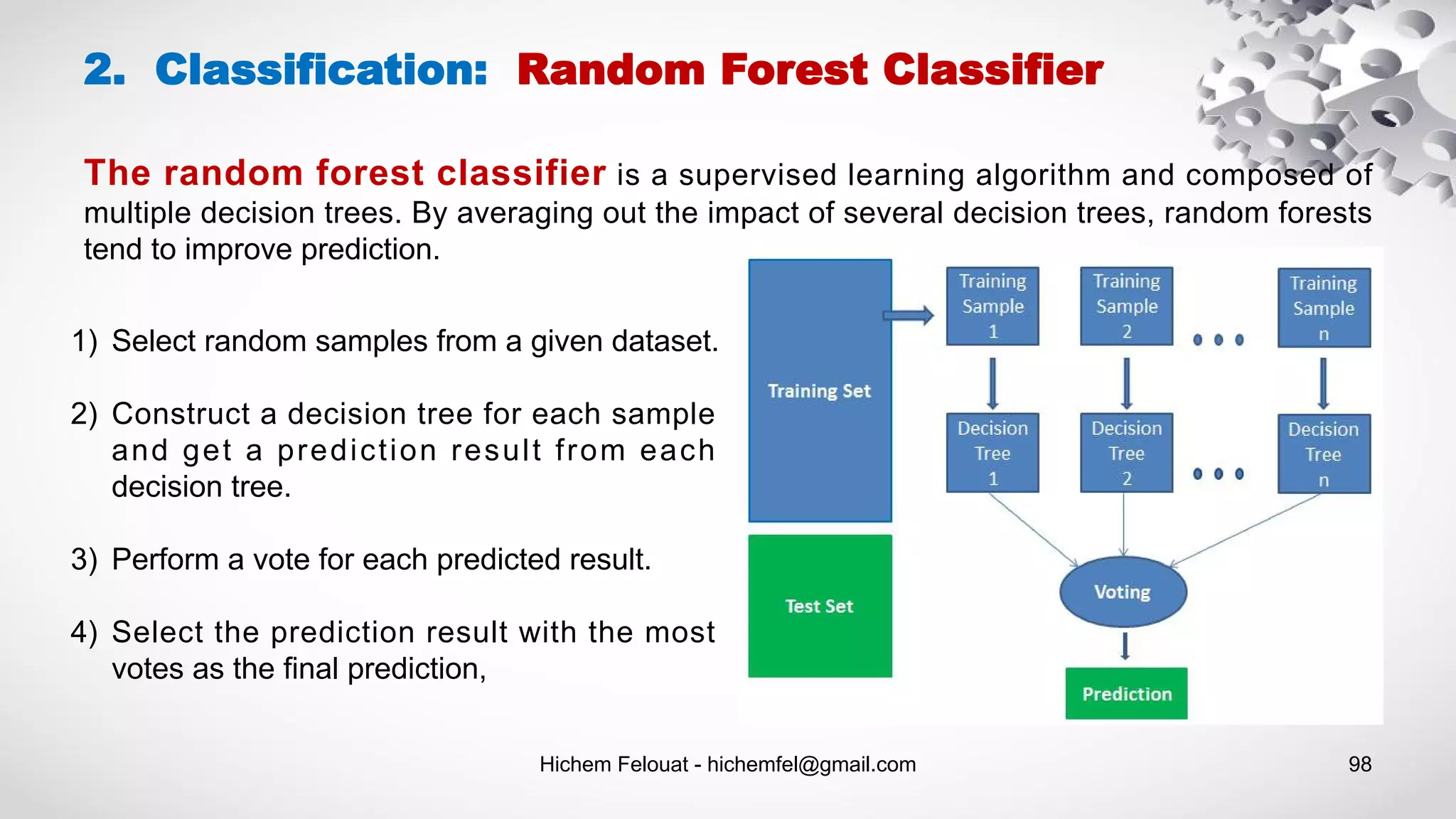 Hichem Felouat - hichemfel@gmail.com 98
2. Classification: Random Forest Classifier
The random forest classifier is a supervised learning algorithm and composed of
multiple decision trees. By averaging out the impact of several decision trees, random forests
tend to improve prediction.
1) Select random samples from a given dataset.
2) Construct a decision tree for each sample
and get a prediction result from each
decision tree.
3) Perform a vote for each predicted result.
4) Select the prediction result with the most
votes as the final prediction,
 