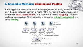 Hichem Felouat - hichemfel@gmail.com 107
3. Ensemble Methods: Bagging and Pasting
In this approach, we use the same training algorithm for every predictor, but to
train them on different random subsets of the training set. When sampling is
performed with replacement, this method is called bagging (short for
bootstrap aggregating). When sampling is performed without replacement, it is
called pasting.
 