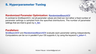 Hichem Felouat - hichemfel@gmail.com 123
5. Hyperparameter Tuning
Randomized Parameter Optimization: RandomizedSearchCV
In contrast to GridSearchCV, not all parameter values are tried out, but rather a fixed number of
parameter settings is sampled from the specified distributions. The number of parameter
settings that are tried is given by n_iter.
Parallelism:
GridSearchCV and RandomizedSearchCV evaluate each parameter setting independently.
Computations can be run in parallel if your OS supports it, by using the keyword n_jobs=-1.
 
