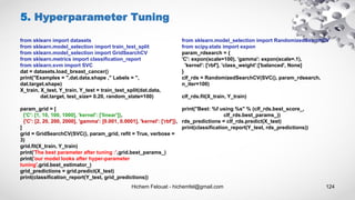 Hichem Felouat - hichemfel@gmail.com 124
5. Hyperparameter Tuning
from sklearn import datasets
from sklearn.model_selection import train_test_split
from sklearn.model_selection import GridSearchCV
from sklearn.metrics import classification_report
from sklearn.svm import SVC
dat = datasets.load_breast_cancer()
print("Examples = ",dat.data.shape ," Labels = ",
dat.target.shape)
X_train, X_test, Y_train, Y_test = train_test_split(dat.data,
dat.target, test_size= 0.20, random_state=100)
param_grid = [
{'C': [1, 10, 100, 1000], 'kernel': ['linear']},
{'C': [2, 20, 200, 2000], 'gamma': [0.001, 0.0001], 'kernel': ['rbf']},
]
grid = GridSearchCV(SVC(), param_grid, refit = True, verbose =
3)
grid.fit(X_train, Y_train)
print('The best parameter after tuning :',grid.best_params_)
print('our model looks after hyper-parameter
tuning',grid.best_estimator_)
grid_predictions = grid.predict(X_test)
print(classification_report(Y_test, grid_predictions))
from sklearn.model_selection import RandomizedSearchCV
from scipy.stats import expon
param_rdsearch = {
'C': expon(scale=100), 'gamma': expon(scale=.1),
'kernel': ['rbf'], 'class_weight':['balanced', None]
}
clf_rds = RandomizedSearchCV(SVC(), param_rdsearch,
n_iter=100)
clf_rds.fit(X_train, Y_train)
print("Best: %f using %s" % (clf_rds.best_score_,
clf_rds.best_params_))
rds_predictions = clf_rds.predict(X_test)
print(classification_report(Y_test, rds_predictions))
 