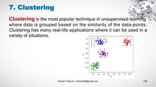 Hichem Felouat - hichemfel@gmail.com 128
7. Clustering
Clustering is the most popular technique in unsupervised learning
where data is grouped based on the similarity of the data-points.
Clustering has many real-life applications where it can be used in a
variety of situations.
 