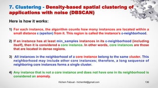 Hichem Felouat - hichemfel@gmail.com 136
7. Clustering - Density-based spatial clustering of
applications with noise (DBSCAN)
Here is how it works:
1) For each instance, the algorithm counts how many instances are located within a
small distance ε (epsilon) from it. This region is called the instance’s ε-neighborhood.
2) If an instance has at least min_samples instances in its ε-neighborhood (including
itself), then it is considered a core instance. In other words, core instances are those
that are located in dense regions.
3) All instances in the neighborhood of a core instance belong to the same cluster. This
neighborhood may include other core instances; therefore, a long sequence of
neighboring core instances forms a single cluster.
4) Any instance that is not a core instance and does not have one in its neighborhood is
considered an anomaly.
 