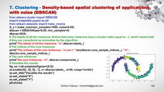 Hichem Felouat - hichemfel@gmail.com 138
from sklearn.cluster import DBSCAN
import matplotlib.pyplot as plt
from sklearn.datasets import make_moons
X, y = make_moons(n_samples=1000, noise=0.05)
dbscan = DBSCAN(eps=0.05, min_samples=5)
dbscan.fit(X)
# The labels of all the instances. Notice that some instances have a cluster index equal to –1, which means that
# they are considered as anomalies by the algorithm.
print("The labels of all the instances : n",dbscan.labels_)
# The indices of the core instances
print("The indices of the core instances : n Len = ",len(dbscan.core_sample_indices_), "n",
dbscan.core_sample_indices_)
# The core instances
print("the core instances : n", dbscan.components_)
# Visualize the results
fig, ax = plt.subplots(figsize=(8,5))
ax.scatter(X[:, 0], X[:, 1], c= dbscan.labels_, s=50, cmap='viridis')
ax.set_title("Visualize the results")
ax.set_xlabel("X")
ax.set_ylabel("Y")
plt.show()
7. Clustering - Density-based spatial clustering of applications
with noise (DBSCAN)
 