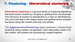 Hichem Felouat - hichemfel@gmail.com 139
7. Clustering - Hierarchical clustering
Hierarchical clustering is a general family of clustering algorithms
that build nested clusters by merging or splitting them successively.
This hierarchy of clusters is represented as a tree (or dendrogram).
The root of the tree is the unique cluster that gathers all the samples,
the leaves being the clusters with only one sample.
The AgglomerativeClustering object performs a hierarchical
clustering using a bottom up approach: each observation starts in its
own cluster, and clusters are successively merged together.
 