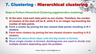 Hichem Felouat - hichemfel@gmail.com 140
7. Clustering - Hierarchical clustering
Steps to Perform Hierarchical Clustering (agglomerative clustering):
1) At the start, treat each data point as one cluster. Therefore, the number
of clusters at the start will be K, while K is an integer representing the
number of data points.
2) Form a cluster by joining the two closest data points resulting in K-1
clusters.
3) Form more clusters by joining the two closest clusters resulting in K-2
clusters.
4) Repeat the above three steps until one big cluster is formed.
5) Once single cluster is formed, dendrograms are used to divide into
multiple clusters depending upon the problem.
 