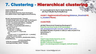 Hichem Felouat - hichemfel@gmail.com 143
import matplotlib.pyplot as plt
import numpy as np
from scipy.cluster.hierarchy import dendrogram
from sklearn.cluster import AgglomerativeClustering
def plot_dendrogram(model, **kwargs):
# Create linkage matrix and then plot the dendrogram
# create the counts of samples under each node
counts = np.zeros(model.children_.shape[0])
n_samples = len(model.labels_)
for i, merge in enumerate(model.children_):
current_count = 0
for child_idx in merge:
if child_idx < n_samples:
current_count += 1 # leaf node
else:
current_count += counts[child_idx - n_samples]
counts[i] = current_count
linkage_matrix = np.column_stack([model.children_,
model.distances_,
counts]).astype(float)
# Plot the corresponding dendrogram
dendrogram(linkage_matrix, **kwargs)
7. Clustering - Hierarchical clustering
X = np.array([[5,3],[10,15],[15,12],[24,10],[30,30],
[85,70],[71,80],[60,78],[70,55],[80,91],])
model = AgglomerativeClustering(distance_threshold=0,
n_clusters=None)
model.fit(X)
plt.title("Hierarchical Clustering Dendrogram")
# plot the top three levels of the dendrogram
plot_dendrogram(model, truncate_mode="level", p=3)
plt.xlabel("Number of points in node (or index of point if no
parenthesis).")
plt.show()
"""
import scipy.cluster.hierarchy as shc
plt.figure(figsize=(10, 7))
plt.title("Customer Dendograms")
dend = shc.dendrogram(shc.linkage(X, method='ward'))
"""
 