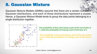 Hichem Felouat - hichemfel@gmail.com 144
8. Gaussian Mixture
Gaussian Mixture Models (GMMs) assume that there are a certain number of
Gaussian distributions, and each of these distributions represent a cluster.
Hence, a Gaussian Mixture Model tends to group the data points belonging to a
single distribution together.
The probability of this point being a part of the red cluster is
1, while the probability of it being a part of the blue is 0.
The probability of this point being a part of the red cluster
is 0.4, while the probability of it being a part of the blue is
0.6.
 