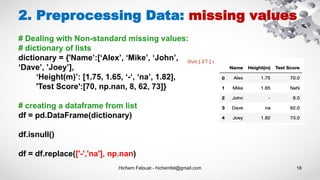 Hichem Felouat - hichemfel@gmail.com 18
2. Preprocessing Data: missing values
# Dealing with Non-standard missing values:
# dictionary of lists
dictionary = {'Name’:[‘Alex’, ‘Mike’, ‘John’,
‘Dave’, ’Joey’],
‘Height(m)’: [1.75, 1.65, ‘-‘, ‘na’, 1.82],
'Test Score':[70, np.nan, 8, 62, 73]}
# creating a dataframe from list
df = pd.DataFrame(dictionary)
df.isnull()
df = df.replace(['-','na'], np.nan)
 