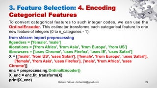 Hichem Felouat - hichemfel@gmail.com 29
3. Feature Selection: 4. Encoding
Categorical Features
To convert categorical features to such integer codes, we can use the
OrdinalEncoder. This estimator transforms each categorical feature to one
new feature of integers (0 to n_categories - 1).
from sklearn import preprocessing
#genders = ['female', 'male']
#locations = ['from Africa', 'from Asia', 'from Europe', 'from US']
#browsers = ['uses Chrome', 'uses Firefox', 'uses IE', 'uses Safari']
X = [['male', 'from US', 'uses Safari'], ['female', 'from Europe', 'uses Safari'],
['female', 'from Asia', 'uses Firefox'], ['male', 'from Africa', 'uses
Chrome']]
enc = preprocessing.OrdinalEncoder()
X_enc = enc.fit_transform(X)
print(X_enc)
 