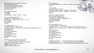 Hichem Felouat - hichemfel@gmail.com 55
from sklearn.model_selection import train_test_split
import matplotlib.pyplot as plt
from mpl_toolkits.mplot3d import Axes3D
from sklearn import datasets, linear_model
from sklearn import metrics
import numpy as np
dat = datasets.load_boston()
X = dat.data
Y = dat.target
print("Examples = ",X.shape ," Labels = ", Y.shape)
fig, ax = plt.subplots(figsize=(12,8))
ax.scatter(X[:,0], Y, edgecolors=(0, 0, 0))
ax.plot([Y.min(), Y.max()], [Y.min(), Y.max()], 'k--', lw=4)
ax.set_xlabel('F')
ax.set_ylabel('Y')
plt.show()
fig = plt.figure(figsize=(12, 8))
ax = fig.add_subplot(111, projection='3d')
ax.scatter(X[:, 0], X[:, 1], Y, c='b', marker='o',cmap=plt.cm.Set1, edgecolor='k', s=40)
ax.set_title("My Data")
ax.set_xlabel("F1")
ax.w_xaxis.set_ticklabels([])
ax.set_ylabel("F2")
ax.w_yaxis.set_ticklabels([])
ax.set_zlabel("Y")
ax.w_zaxis.set_ticklabels([])
plt.show()
X_train, X_test, Y_train, Y_test = train_test_split(X,
Y, test_size= 0.20, random_state=100)
print("X_train = ",X_train.shape ," Y_test = ", Y_test.shape)
regressor = linear_model.LinearRegression()
regressor.fit(X_train, Y_train)
predicted = regressor.predict(X_test)
import pandas as pd
df = pd.DataFrame({'Actual': Y_test.flatten(), 'Predicted': predicted.flatten()})
print(df)
df1 = df.head(25)
df1.plot(kind='bar',figsize=(12,8))
plt.grid(which='major', linestyle='-', linewidth='0.5', color='green')
plt.grid(which='minor', linestyle=':', linewidth='0.5', color='black')
plt.show()
predicted_all = regressor.predict(X)
fig, ax = plt.subplots(figsize=(12,8))
ax.scatter(X[:,0], Y, edgecolors=(0, 0, 1))
ax.scatter(X[:,0], predicted_all, edgecolors=(1, 0, 0))
ax.set_xlabel('Measured')
ax.set_ylabel('Predicted')
plt.show()
fig = plt.figure(figsize=(12, 8))
ax = fig.add_subplot(111, projection='3d')
ax.scatter(X[:, 0], X[:, 1], Y, c='b', marker='o',cmap=plt.cm.Set1, edgecolor='k', s=40)
ax.scatter(X[:, 0], X[:, 1], predicted_all, c='r', marker='o',cmap=plt.cm.Set1, edgecolor='k',
s=40)
ax.set_title("My Data")
ax.set_xlabel("F1")
ax.w_xaxis.set_ticklabels([])
ax.set_ylabel("F2")
ax.w_yaxis.set_ticklabels([])
ax.set_zlabel("Y")
ax.w_zaxis.set_ticklabels([])
plt.show()
print('Mean Absolute Error : ', metrics.mean_absolute_error(Y_test, predicted))
print('Mean Squared Error : ', metrics.mean_squared_error(Y_test, predicted))
print('Root Mean Squared Error: ', np.sqrt(metrics.mean_squared_error(Y_test, predicted)))
 